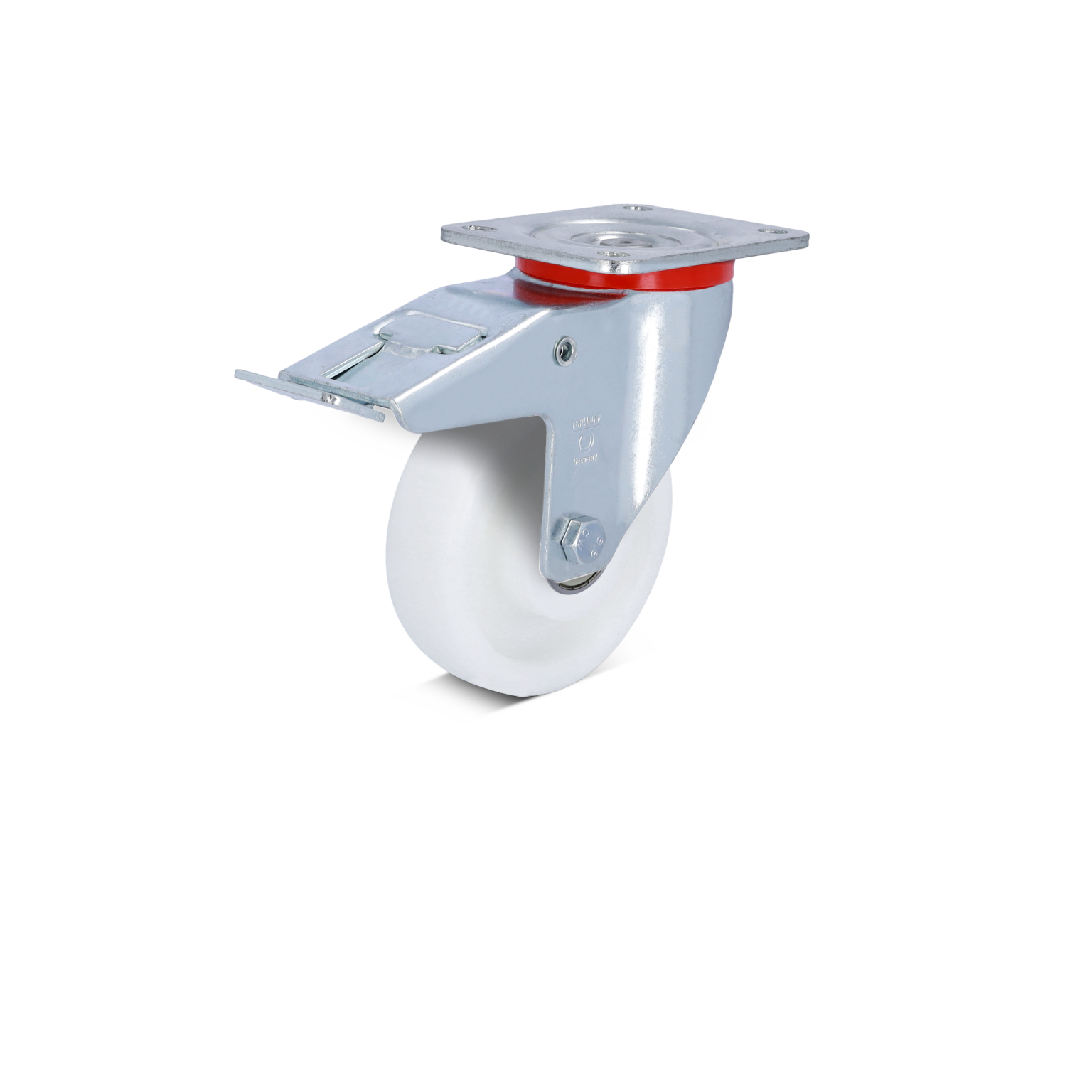 A wheel castor with a white polyurethane wheel and a silver metal mounting plate. It features a red accent and is positioned upright against a plain background.