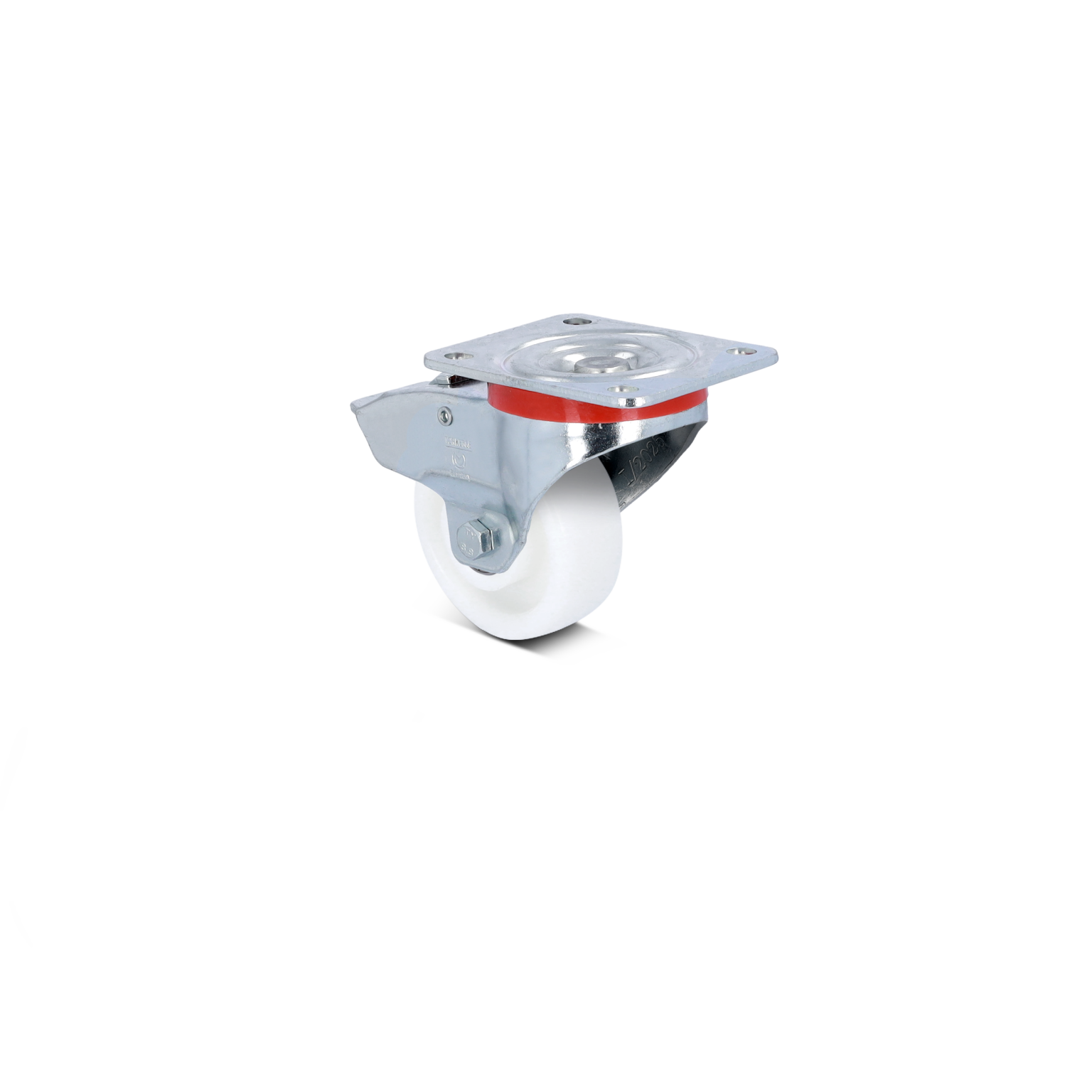 A white industrial wheel is mounted on a metal swivel bracket. The wheel features a chrome finish and red accent, designed for movement in material handling applications against a blank background.