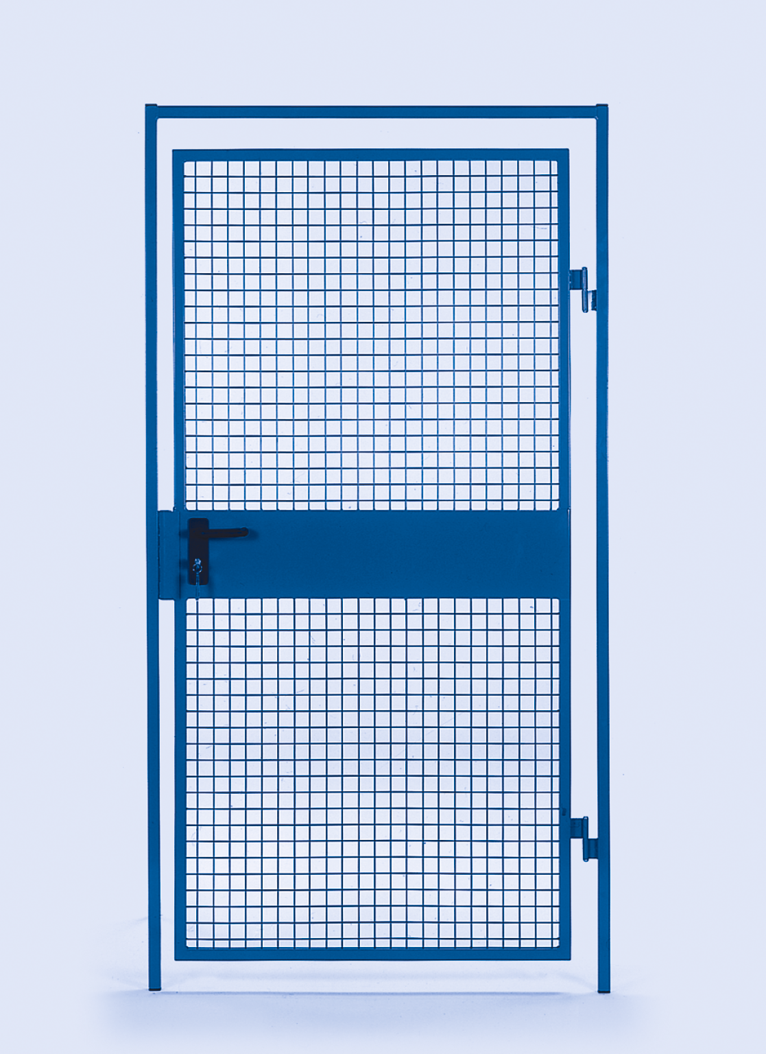 A blue mesh gate is shown, featuring a grid pattern and a secure latch, positioned upright against a plain light background. The overall design suggests a durable, industrial application.