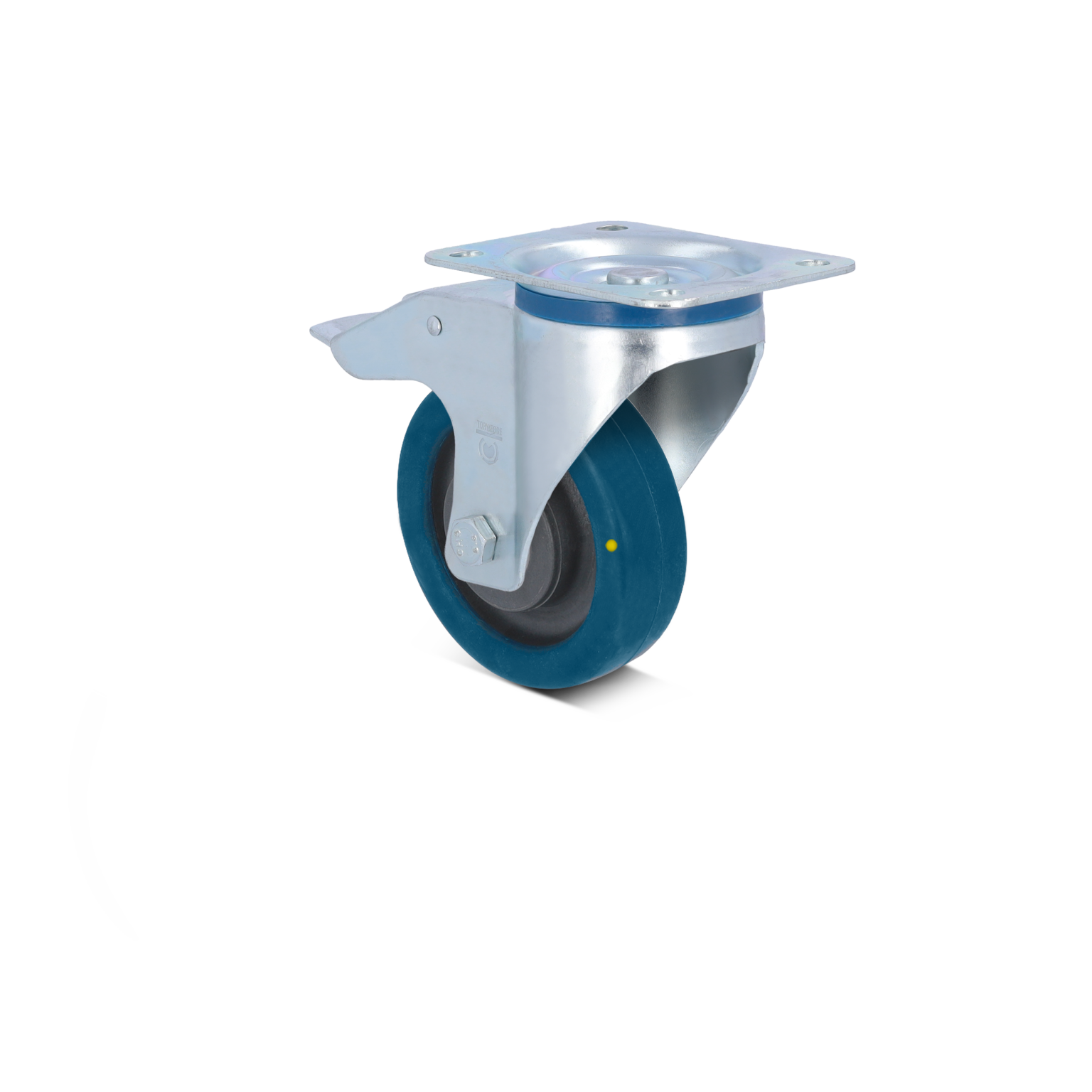 Zwenkwiel met een blauwe rubberen band en een metalen bevestigingsplaat. Het wiel is schuin gepositioneerd, waardoor de bevestiging en de rol goed zichtbaar zijn. 