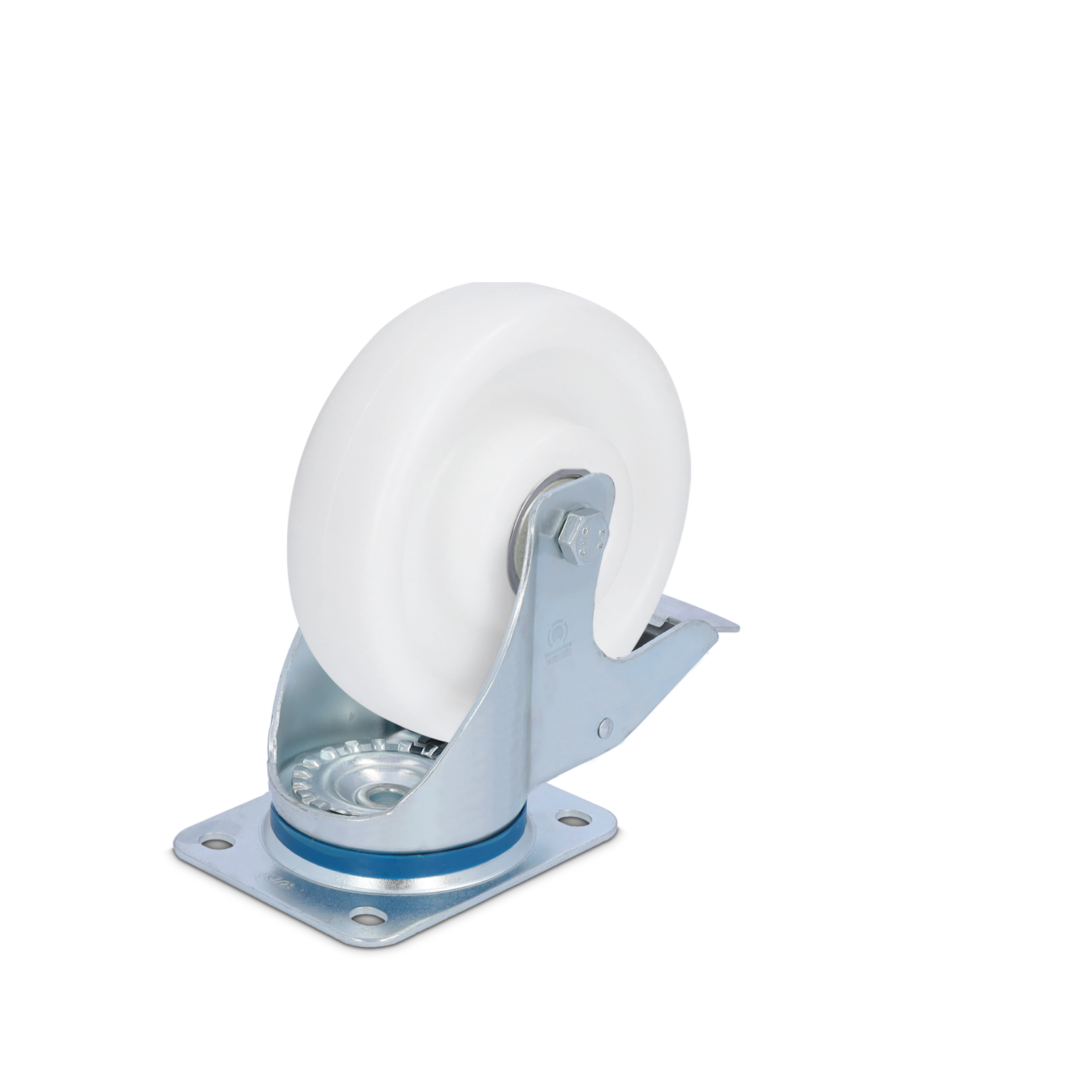 A white industrial wheel mounted on a metal swivel bracket, featuring a blue ring and a square mounting plate. It is designed for smooth movement in material handling applications, set against a plain black background.