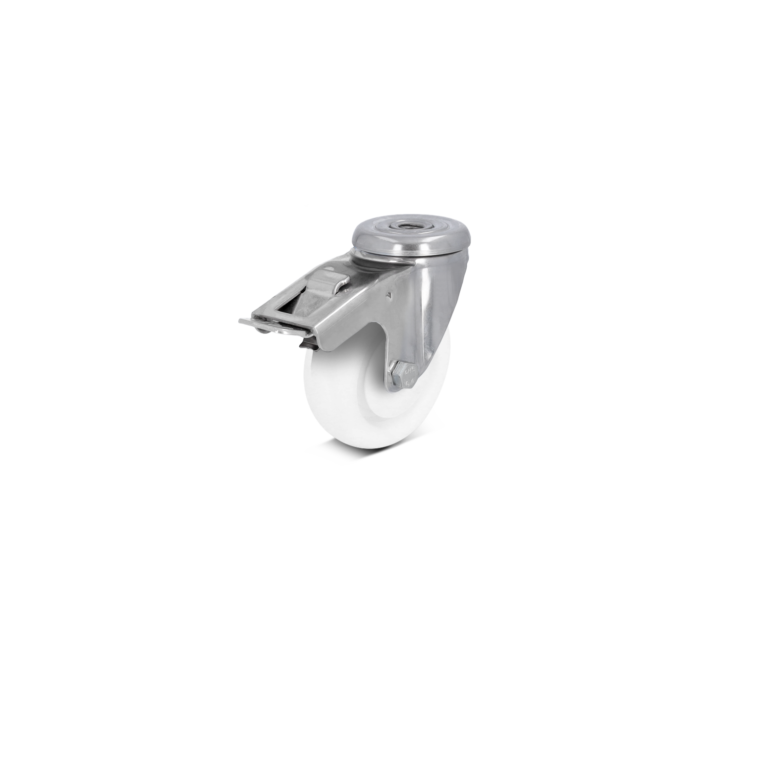 A swivel castor featuring a white plastic wheel mounted on a metal bracket. The bracket has a circular top plate for attachment, showcasing a shiny metallic finish against a neutral background.
