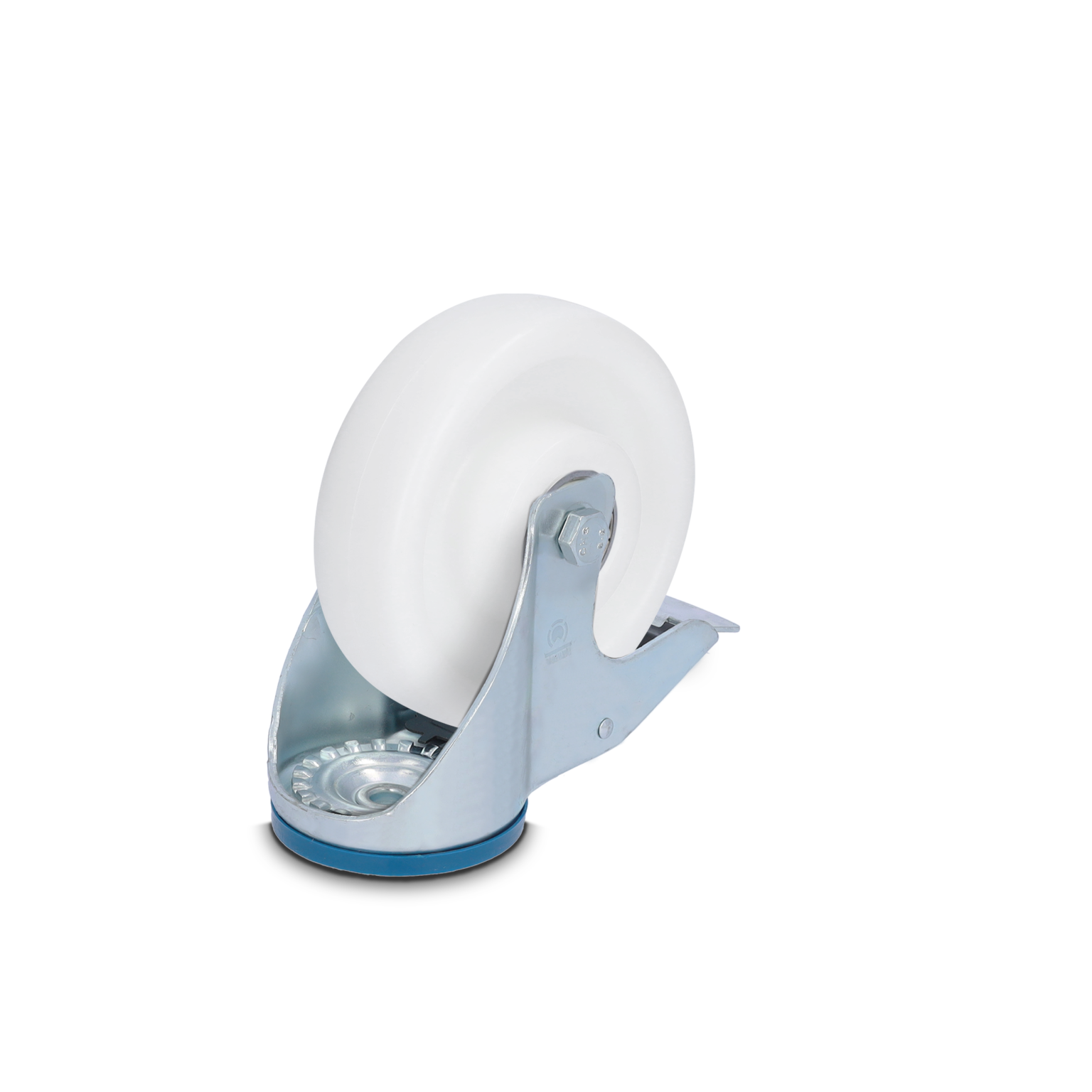 A white industrial wheel is mounted on a metal bracket. The wheel is smooth and rounded, positioned at an angle. The metal bracket features a swivel design for maneuverability.