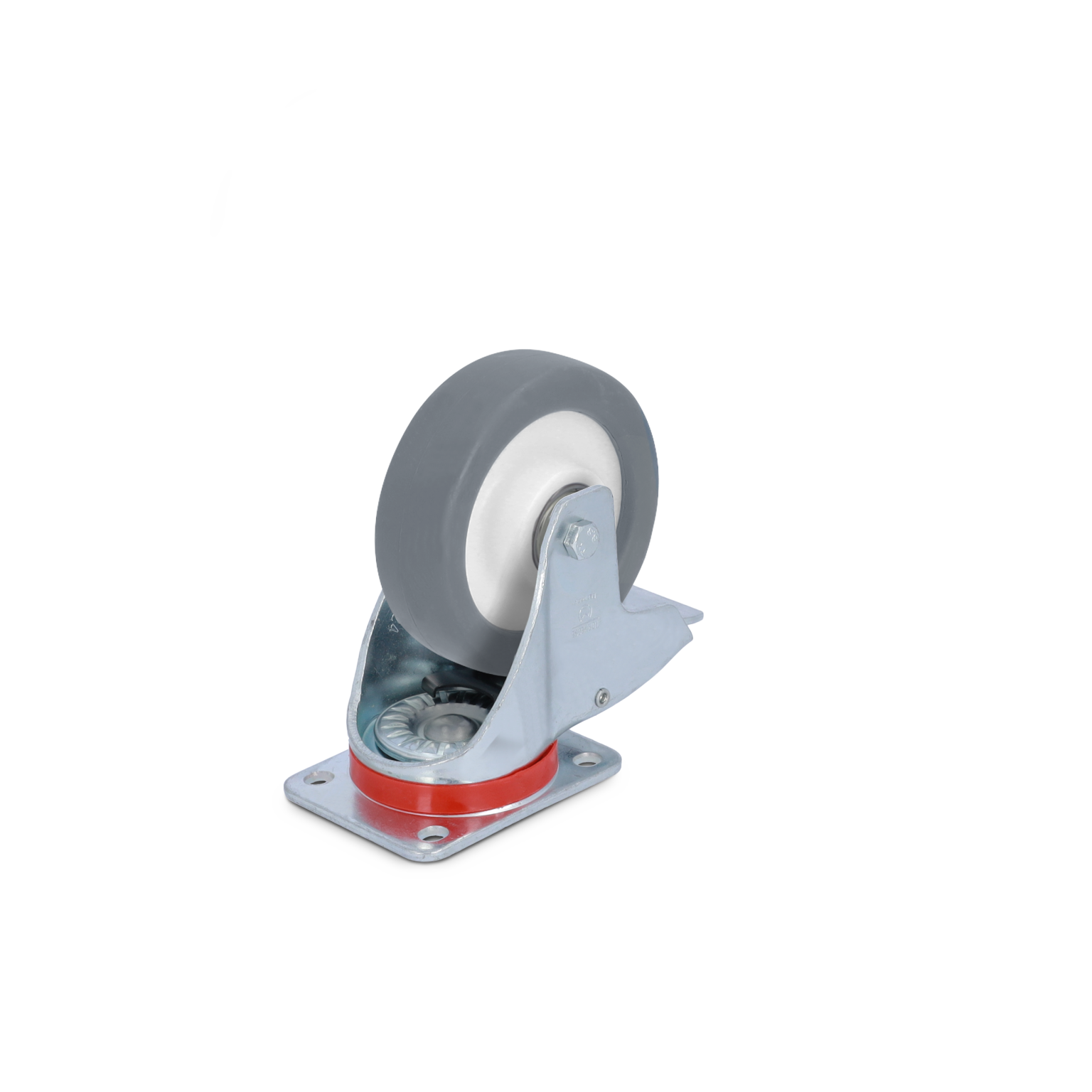 A gray rubber wheel mounted on a swivel castor with a metal bracket and a red plastic base. The castor is positioned upright against a blank background.