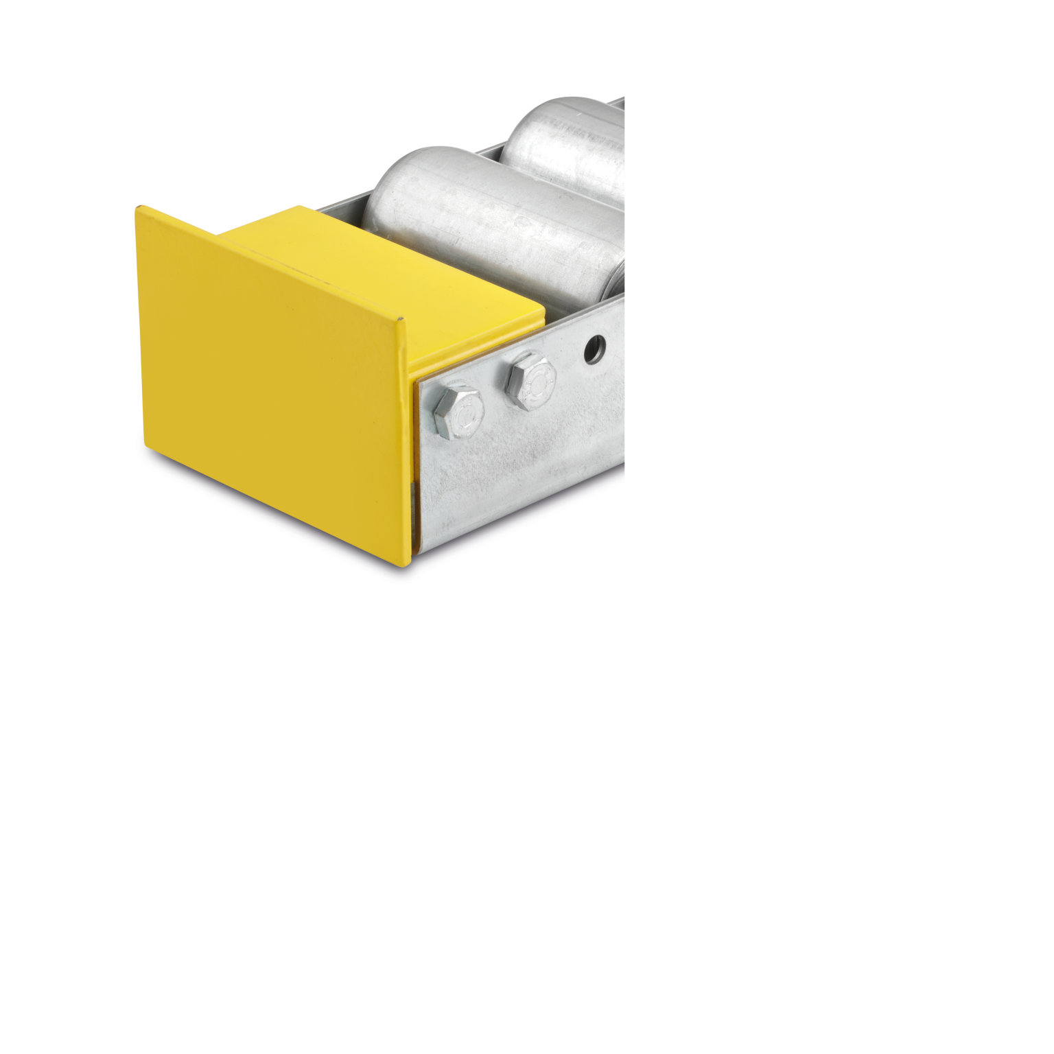 Een gele eindstop is bevestigd aan een metalen structuur met rolmaterialen. De structuur bevat bevestigingsschroeven en is ontworpen voor gebruik in een logistieke omgeving.