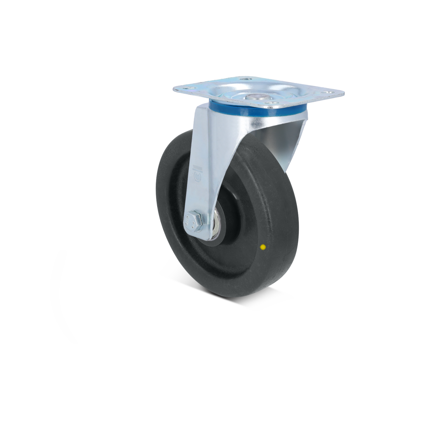 Zwarte kunststof wiel met staalplaatbevestiging. Het wiel is rechtopstaand gepositioneerd en heeft een zilverkleurige metalen beugel. De achtergrond is eenvoudig en onopvallend.