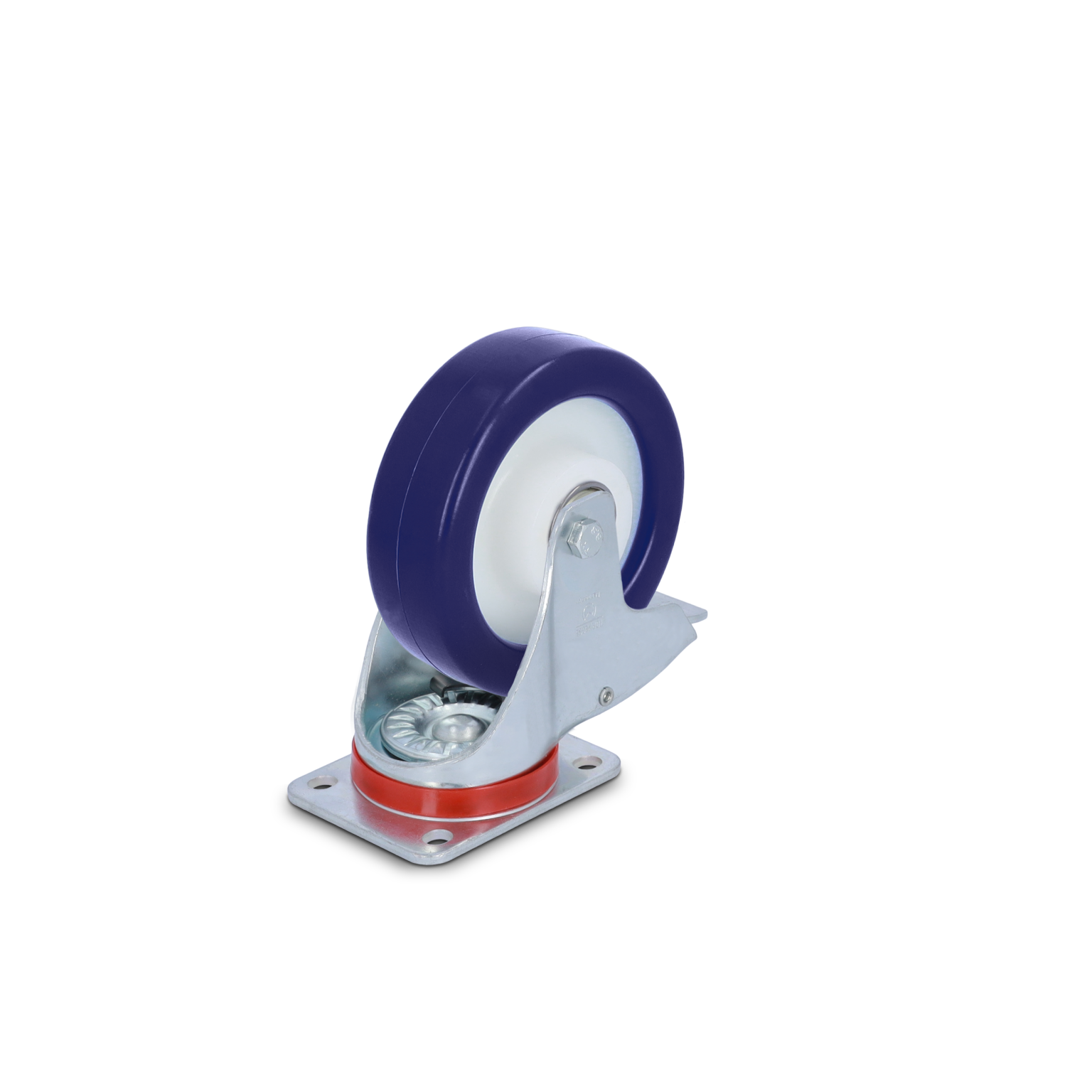 Ein industrieller Rollen mit einem blauen Rad und einer weißen Innenkante. Die Halterung ist aus Metall mit einer roten Blende. Der Rollensatz sieht stabil und mobil aus, ideal für Materialhandling.