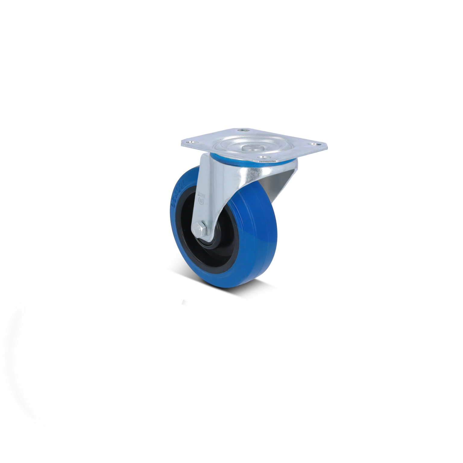 Blue industrial wheel with a black core, mounted on a metal plate. The wheel features a smooth surface and a swivel mechanism, ideal for maneuvering in material handling applications.