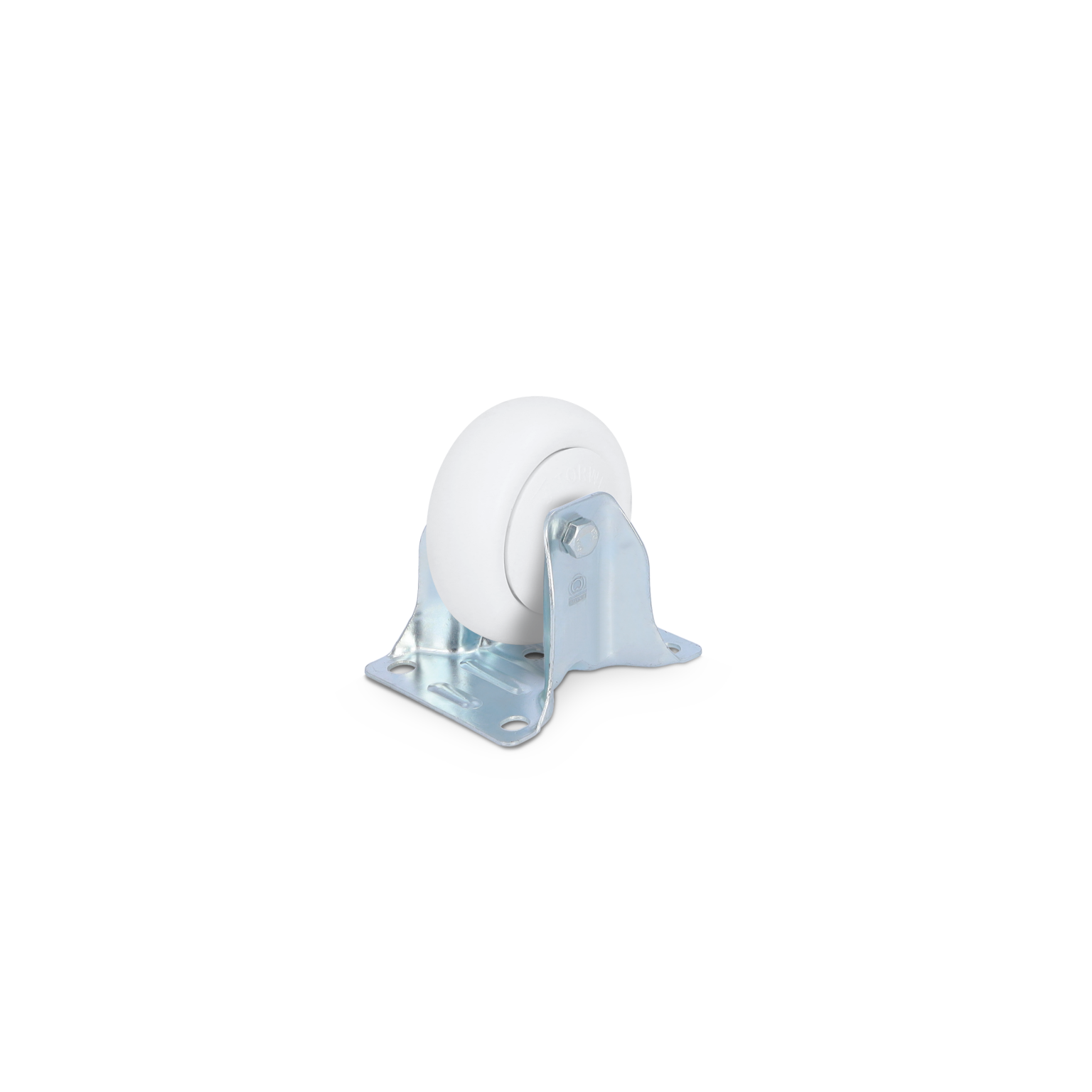 A white industrial wheel is mounted on a metal bracket with holes for secure attachment. The wheel appears smooth and rounded, suitable for material handling applications. The background is plain and unobtrusive.