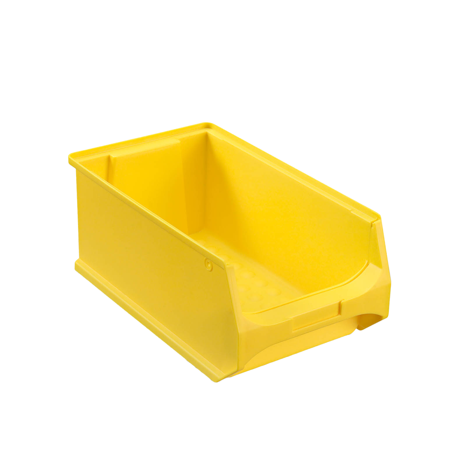 Gelbe Kunststoffbox mit einem offenen Design und einer glatten Oberfläche. Sie hat eine breite Öffnung und ist stabil, geeignet für die Aufbewahrung von Materialien in einem Lager oder einer Werkstatt.