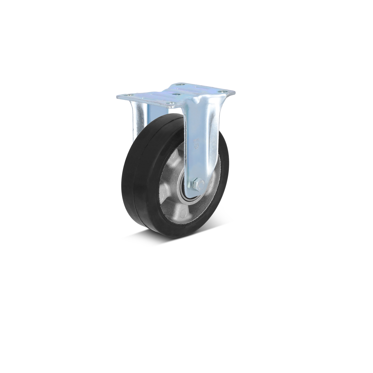 Gummirad mit einer Metallaufnahme, das auf einer stabilen Halterung montiert ist. Das Rad hat eine glatte, schwarze Oberfläche und einen silbernen, metallischen Rahmen, ideal für industrielle Anwendungen.
