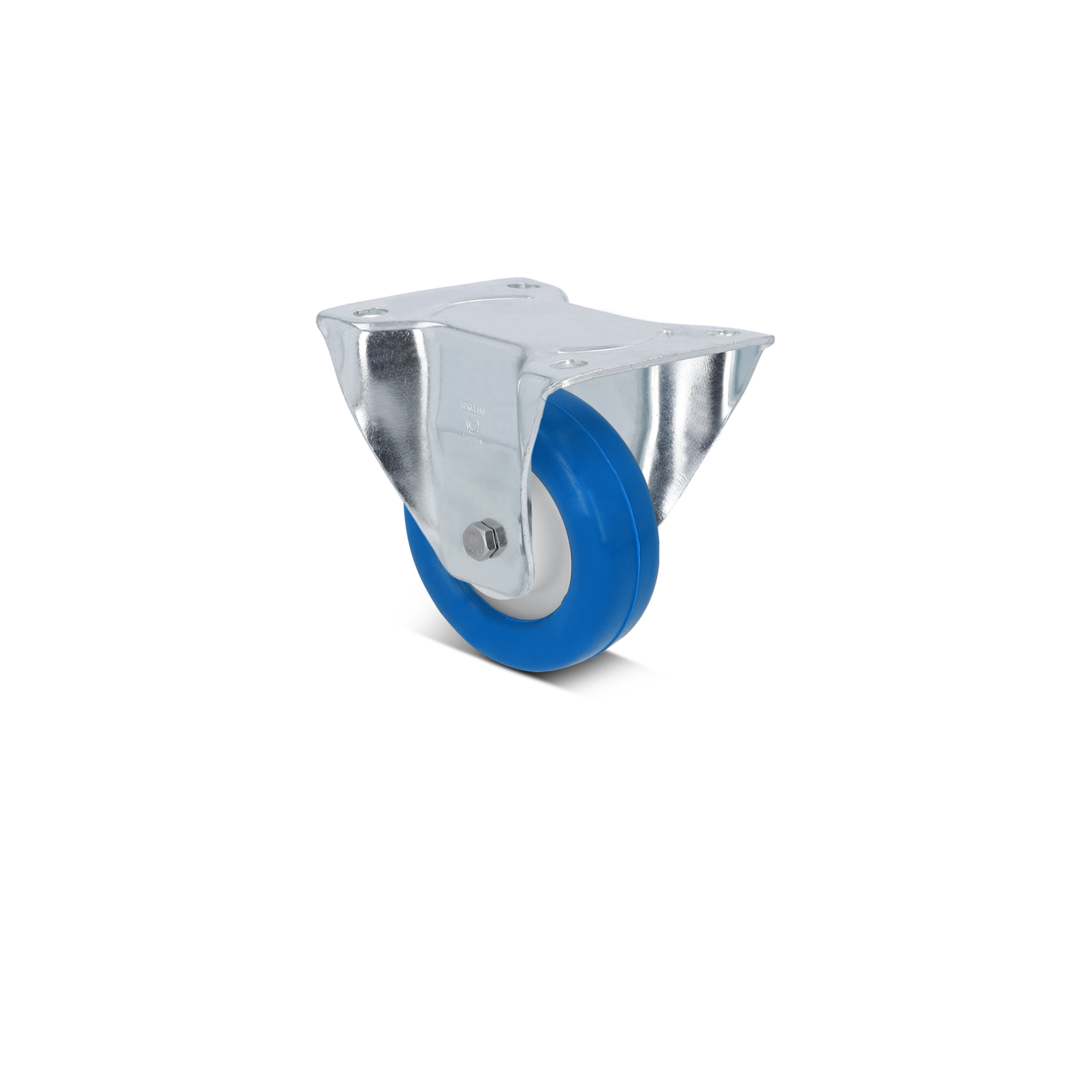 A single swivel castor features a blue plastic wheel attached to a metallic mounting bracket. The bracket has a shiny silver finish with visible holes for installation, against a blank background.
