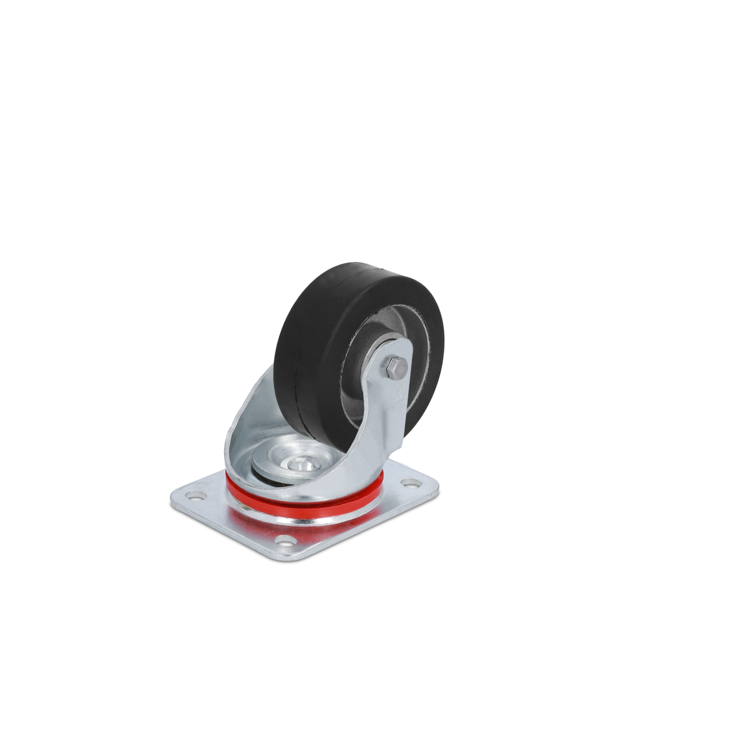 A swivel castor with a black rubber wheel is mounted on a metallic base plate. The castor features a shiny housing and a red rubber ring, designed for smooth movement in industrial contexts.