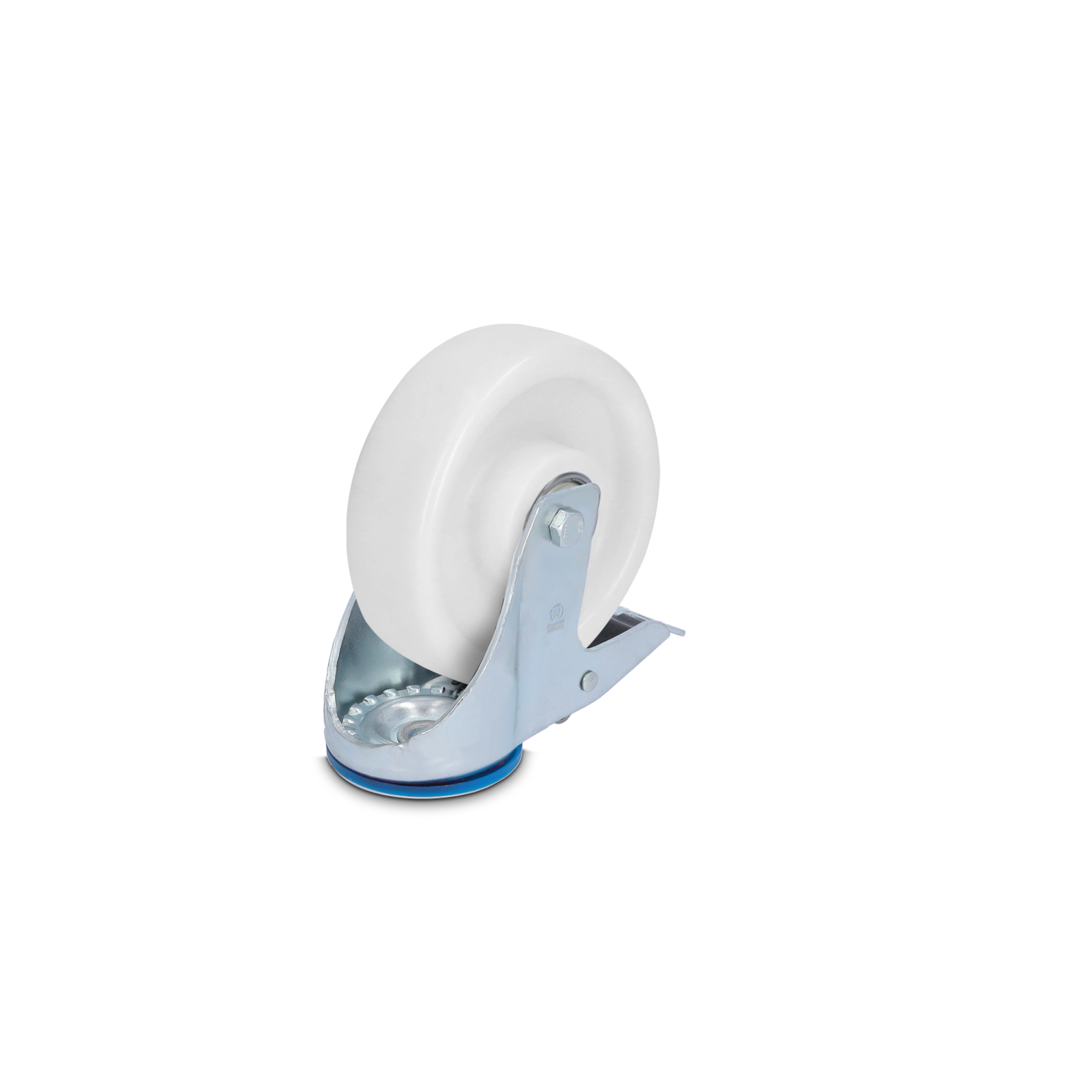 A white plastic wheel is mounted on a shiny metal swivel bracket. It features a smooth rolling surface and a blue ring at the base, suitable for transport applications.