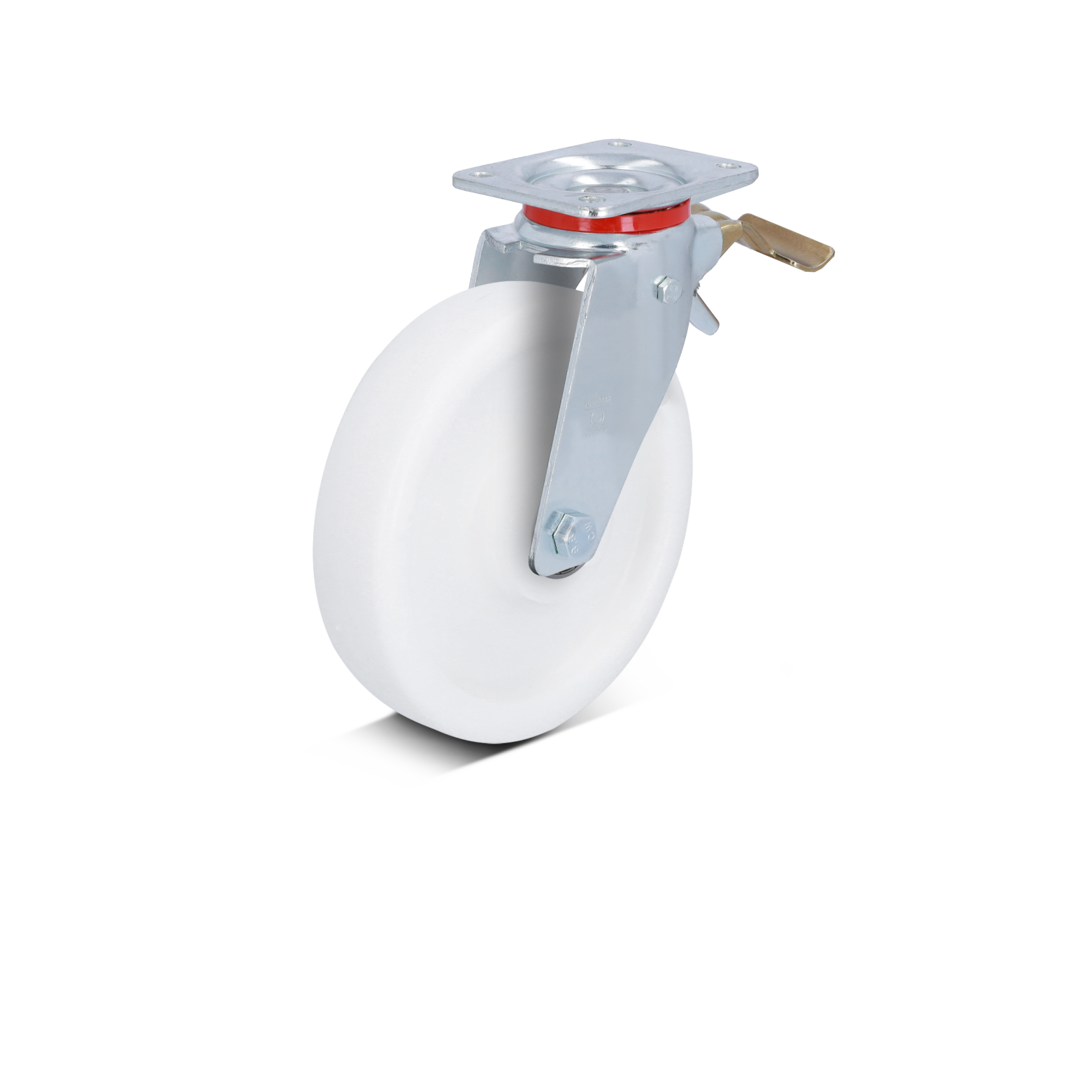 A white industrial wheel is mounted on a metallic swivel bracket. The bracket features a red ring and a locking mechanism, set against a plain background.