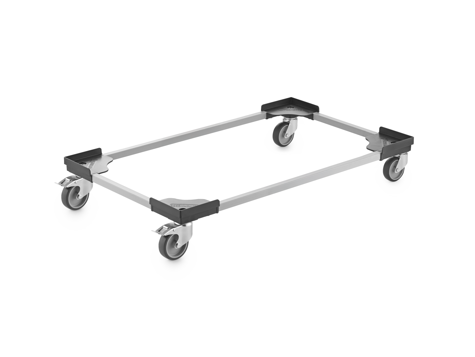 A rectangular transport dolly features four sturdy wheels at each corner, connected by metal bars. It is designed for mobility and stability in handling loads in industrial environments.