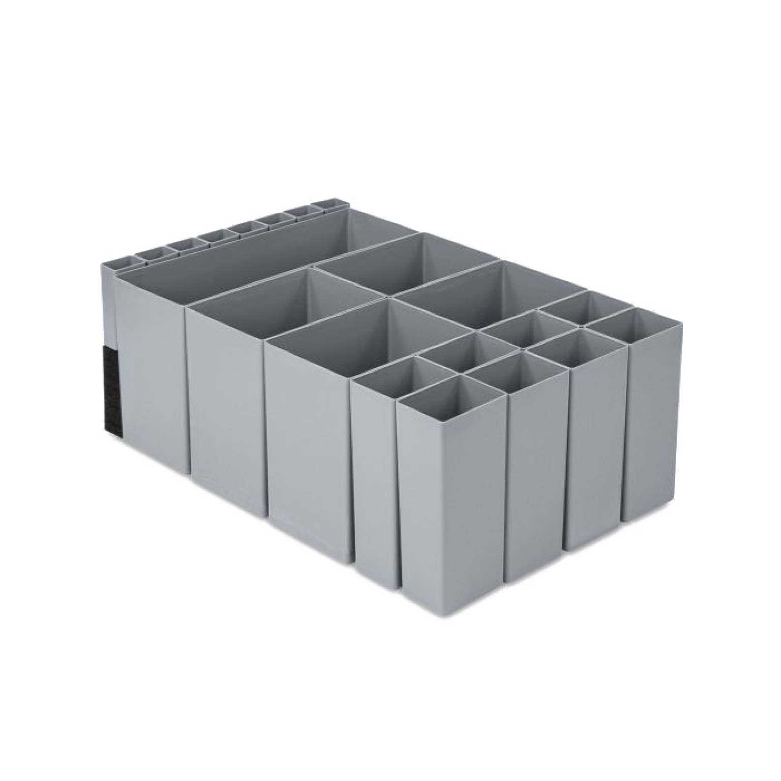 A gray plastic organizer features multiple compartments of varying sizes for storage. It is flat with a rectangular shape, suitable for organizing tools or small items in a workshop or warehouse setting.