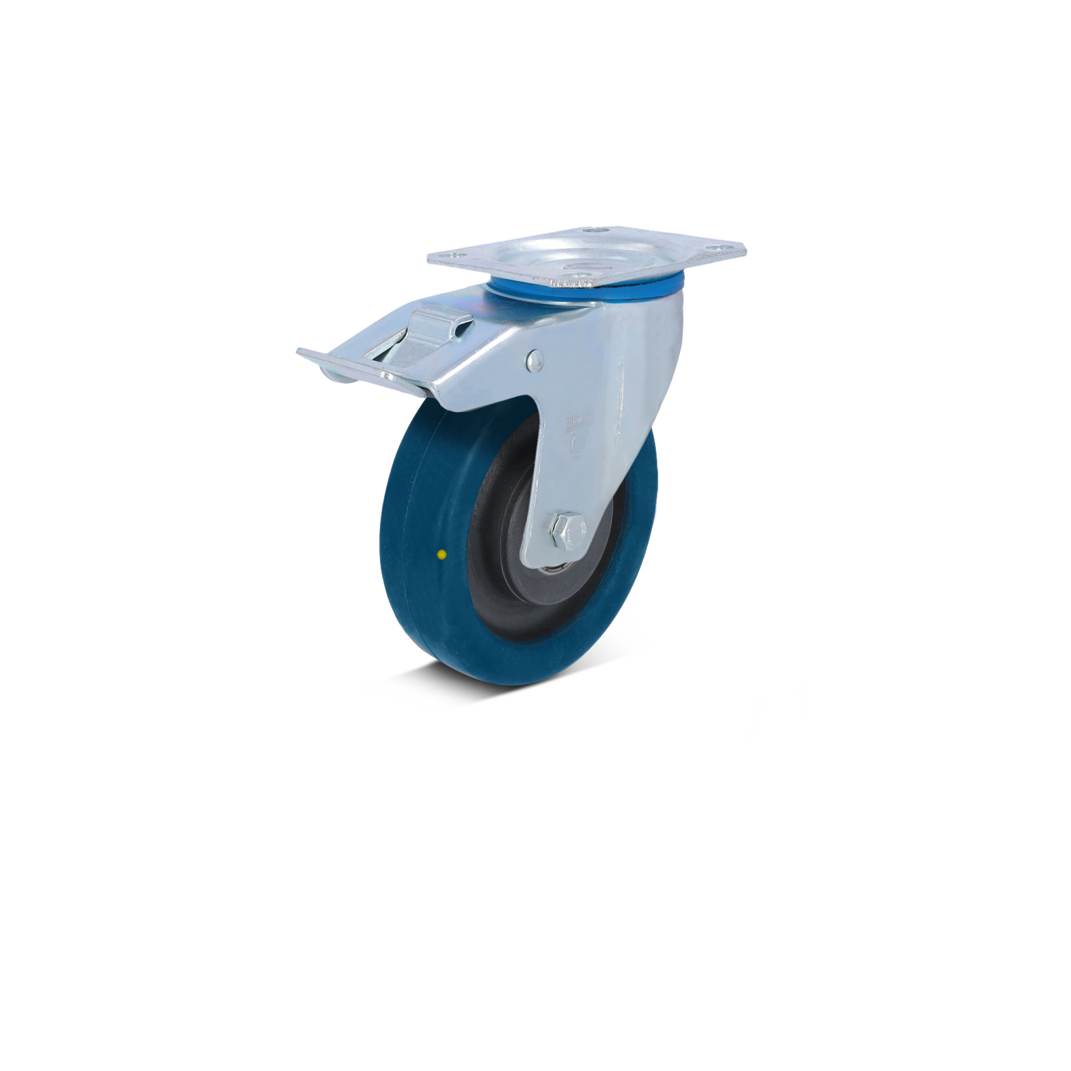 Zwenkwiel met een blauw rubberen loopvlak en een metalen bevestigingsplaat. Het wiel is schuin gepositioneerd, wat de zichtbaarheid van de bevestigingsmechanismen vergroot. Achtergrond is eenvoudig en onopvallend.