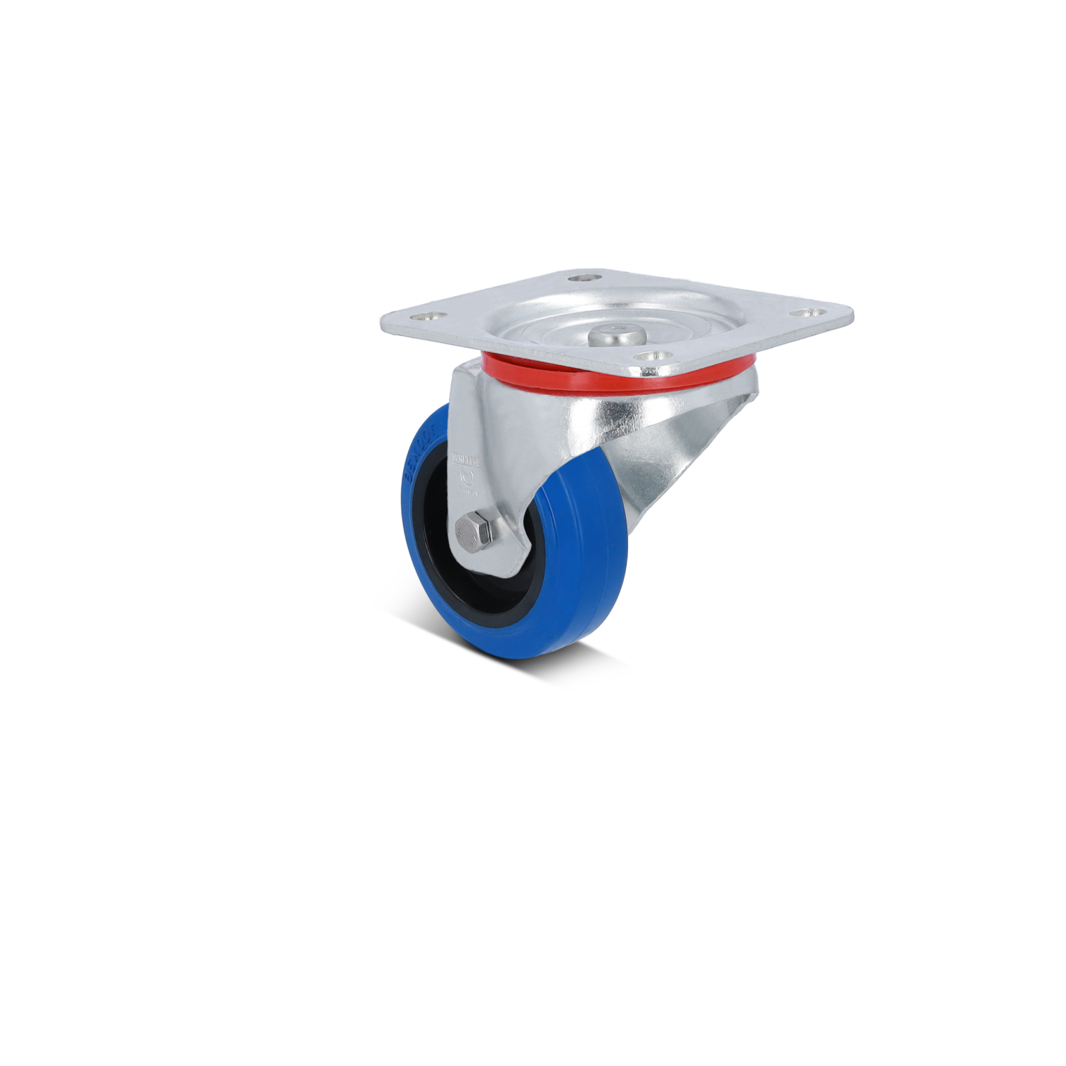 A swivel castor with a stainless steel mounting plate features a blue rubber wheel and a red rubber ring. It is positioned upright against a plain black background.