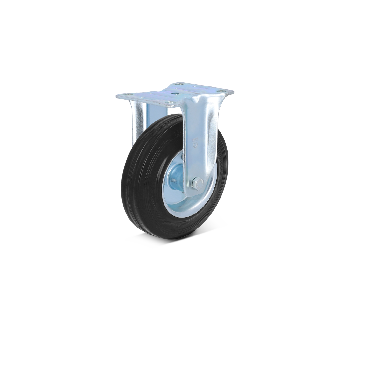 A black rubber wheel is mounted on a shiny metal swivel plate, showing a bolt and bearing for rotation. The component is prominently displayed against a blank background.