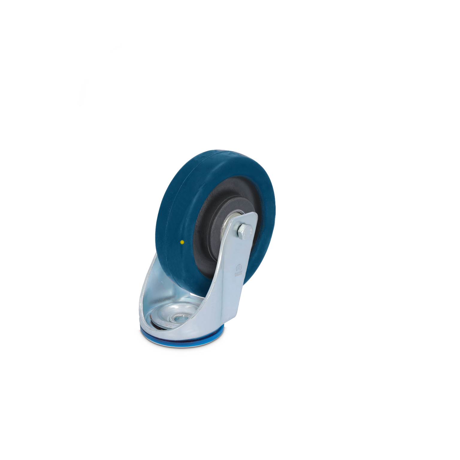 Een blauwe wieltje met een metalen bevestigingsplaat, gepositioneerd om te laten zien hoe het draait. Het is ontworpen voor industriële toepassingen, met een gladde oppervlaktetextuur.