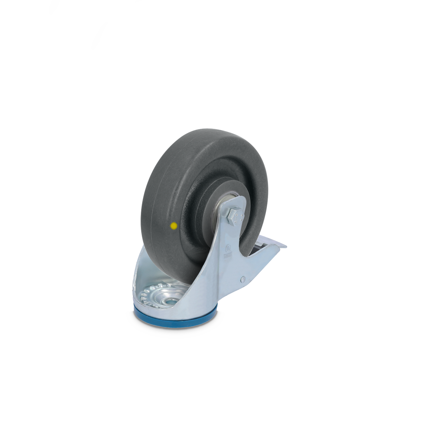 Zwenkwiel met een zwarte rubberen band en een metalen bevestigingsplaat. Het wiel is grijs en glanzend, bevestigd aan een basis met een geel merkteken. Achtergrond is lichtblauw.