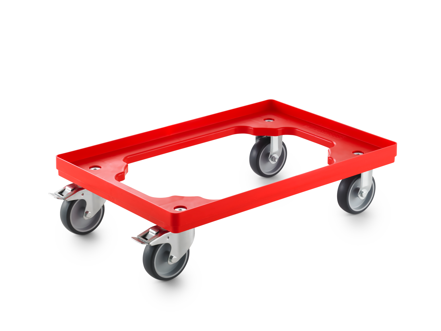 A rectangular red transport trolley with a raised edge is positioned on four swivel casters. The casters feature durable gray rubber wheels, suitable for smooth movement on various surfaces.