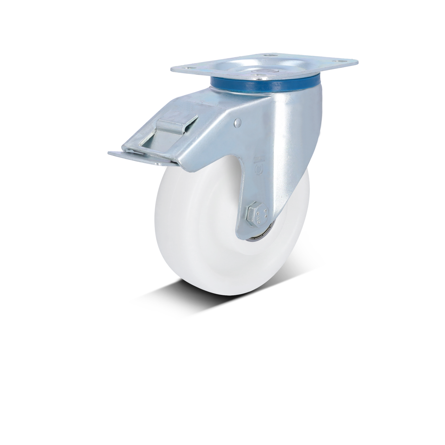 A swivel caster featuring a white polymer wheel mounted on a silver metal bracket. The bracket has a flat top plate for attachment and includes a locking mechanism for stability.