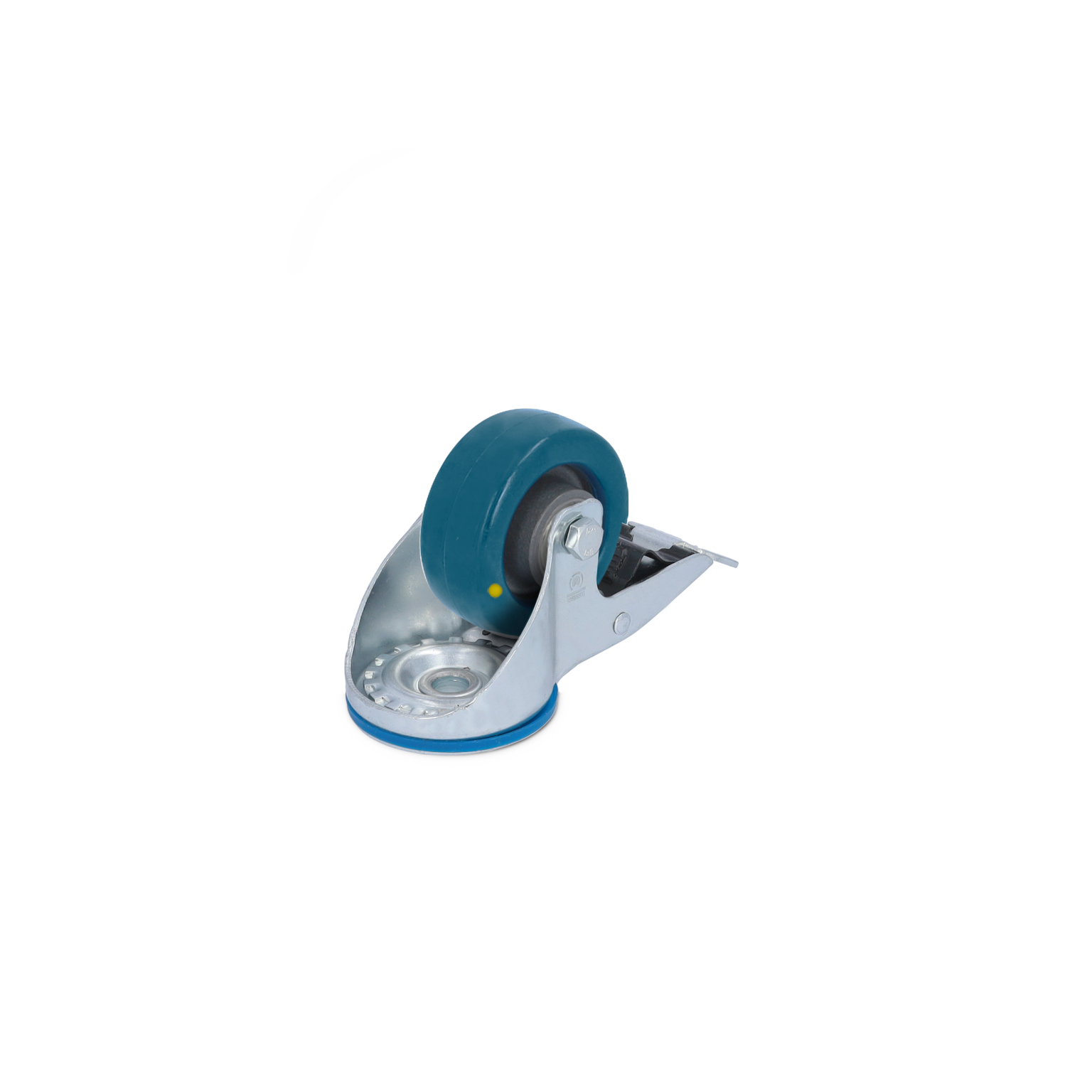 Een blauwe industriële wieltje met een metalen bevestigingsplaat draait om een as. De wieltje is stevig en geschikt voor gebruik in een magazijn- of industriële omgeving.