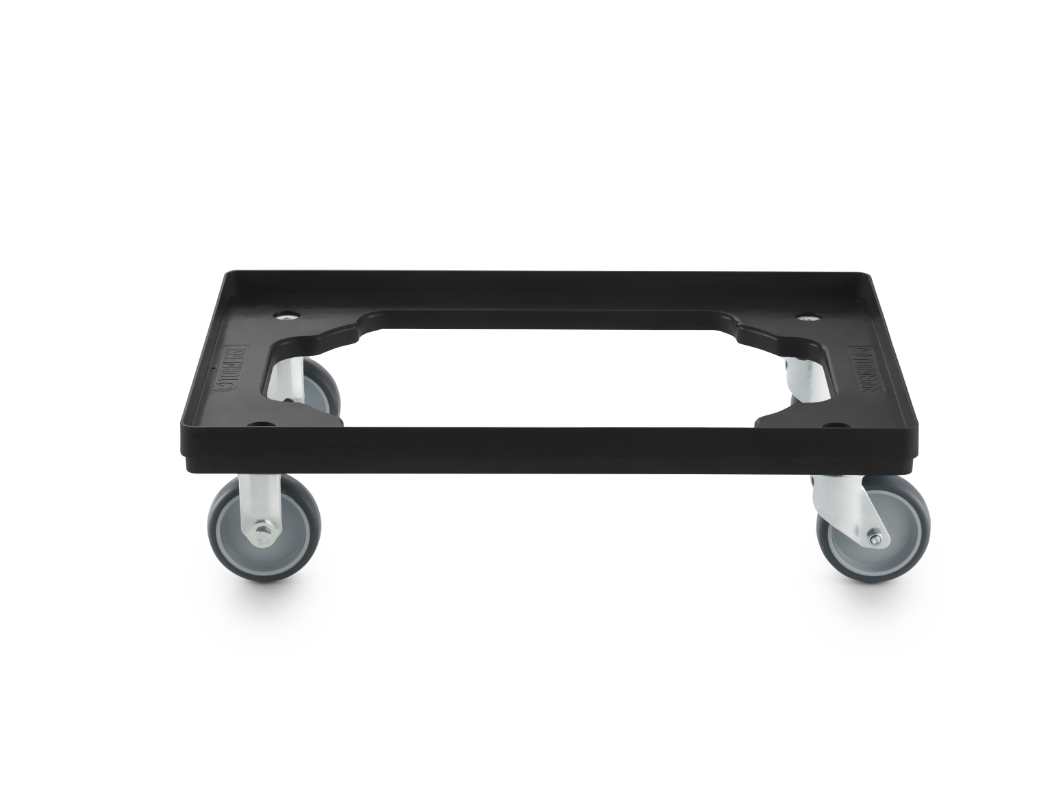 A rectangular black transport platform features a central cutout and is equipped with grey rubber wheels. It is designed for moving items easily in industrial settings, with a simple and functional design.