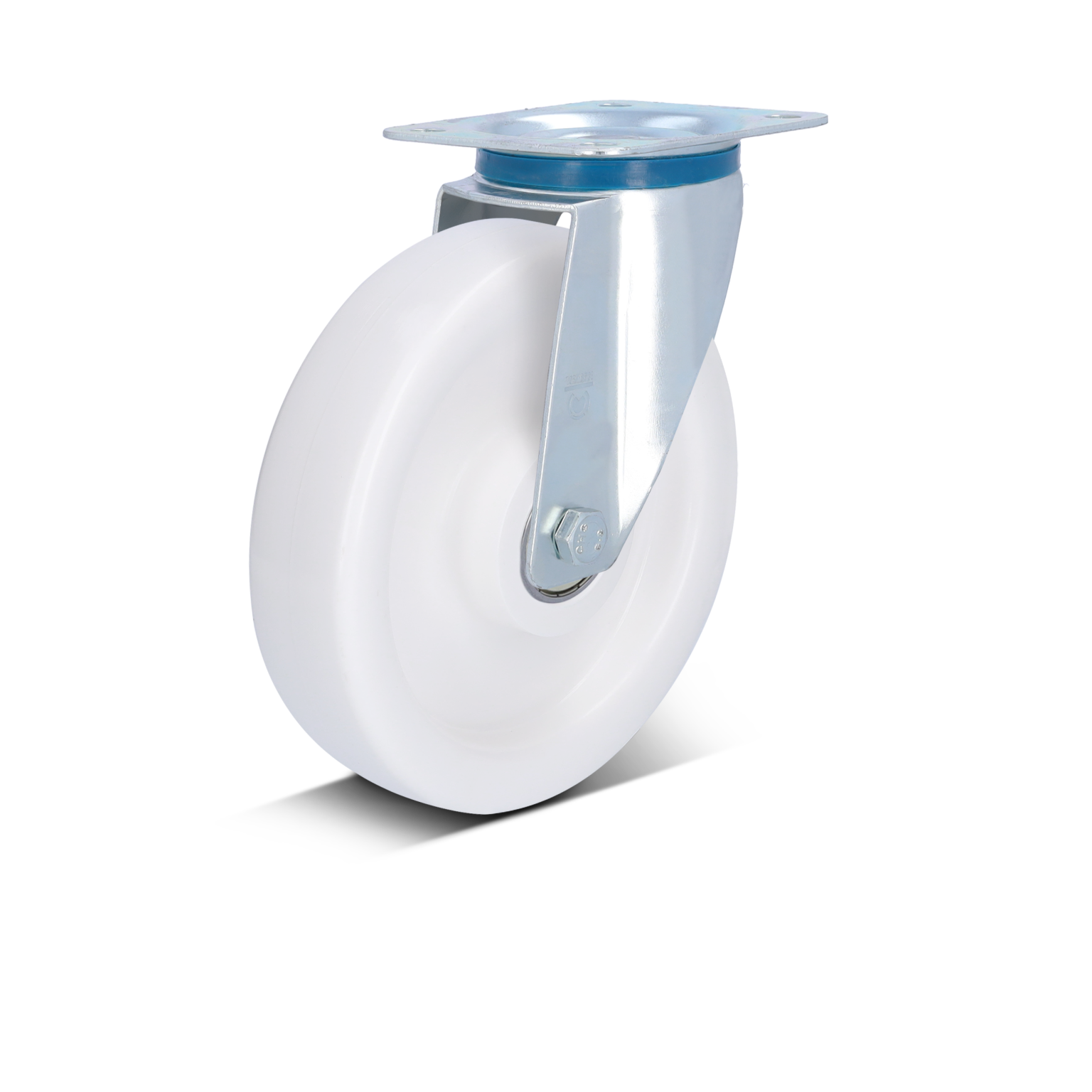 A white industrial wheel with a metal swivel mount is positioned upright. The wheel-s surface is smooth, and it features a flat mounting plate at the top for secure installation. The background is plain black.