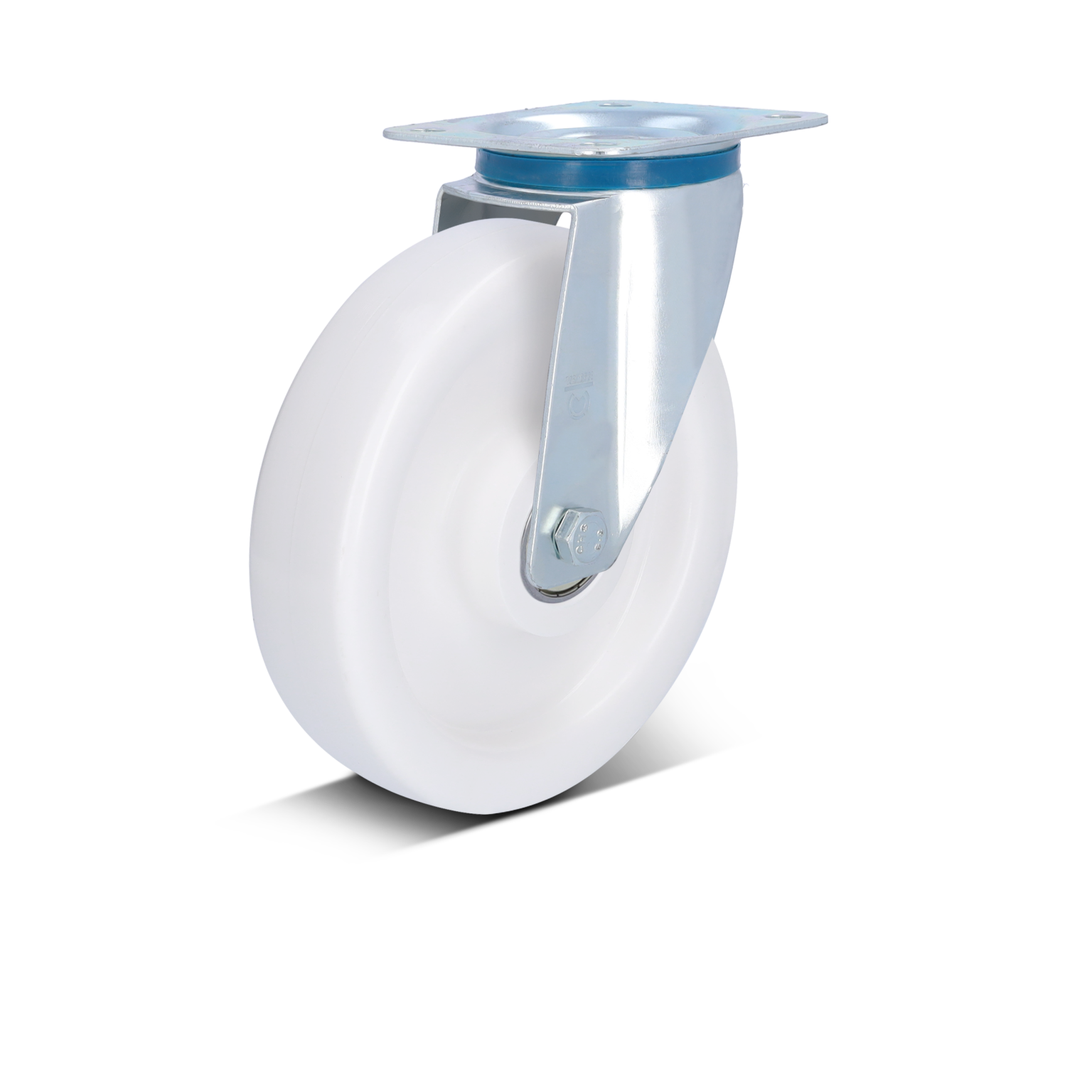 A white industrial wheel with a metal swivel mount is positioned upright. The wheel-s surface is smooth, and it features a flat mounting plate at the top for secure installation. The background is plain black.