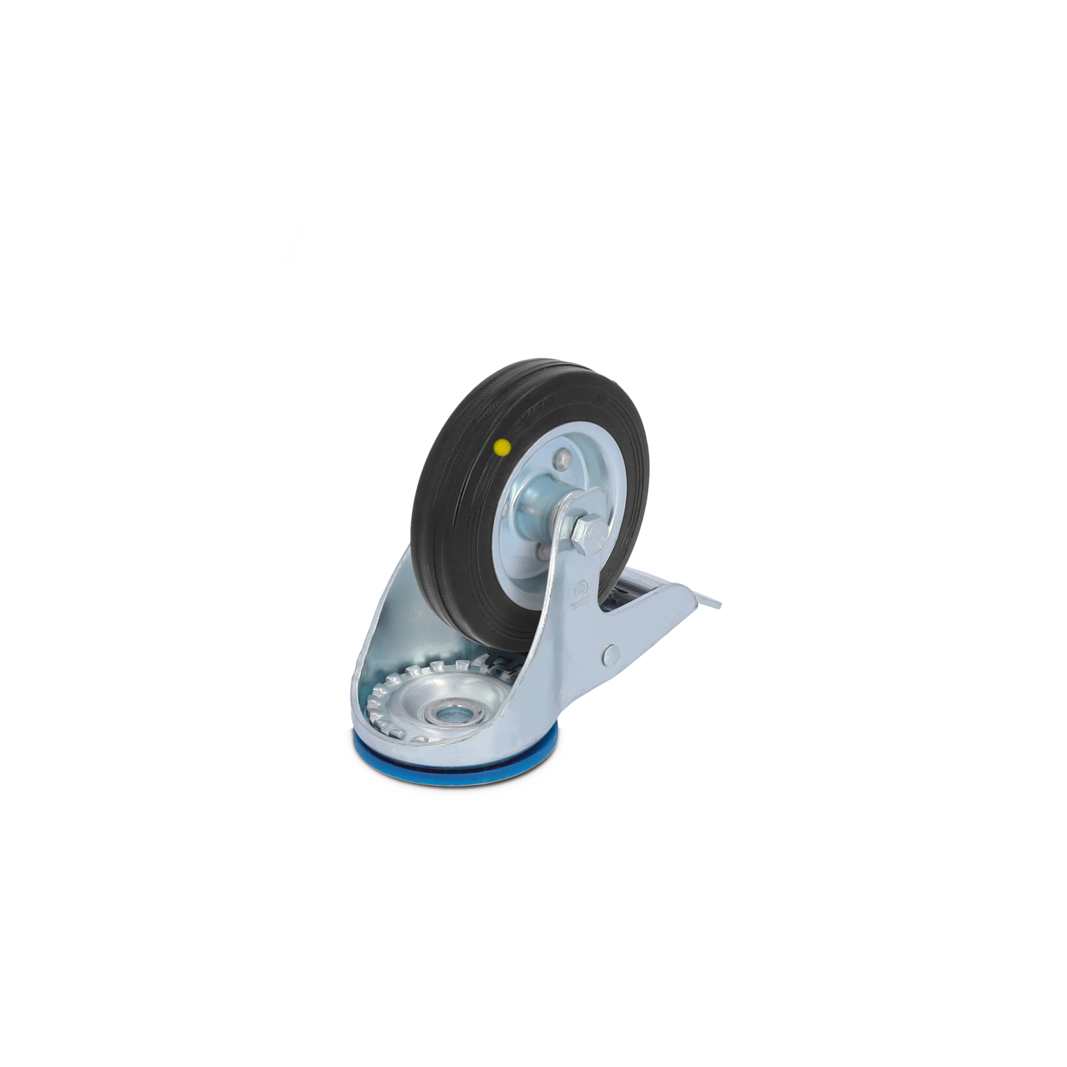 A black rubber wheel is mounted on a silver metal swivel base with a brake. The wheel is positioned upright to showcase its design. The base features a blue rubber ring at the bottom.