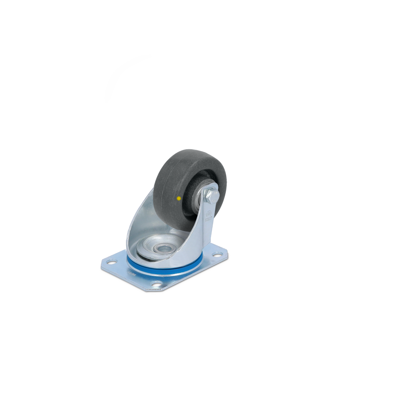 Zwenkwiel met een zwarte rubberen band en een metalen montageplaat. De wit geschenen houder heeft een metalen afwerking en is geplaatst op een neutrale achtergrond, geschikt voor gebruik in industriële omgevingen.
