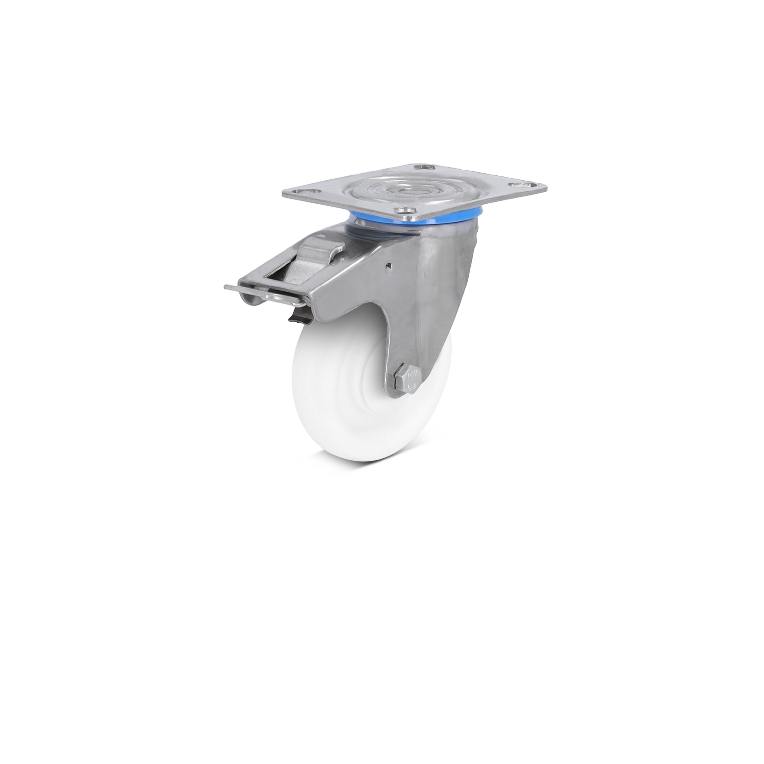 A white wheel castor features a sturdy metal mounting plate. The wheel is designed for smooth movement, situated in an isolated setting with no background distractions.
