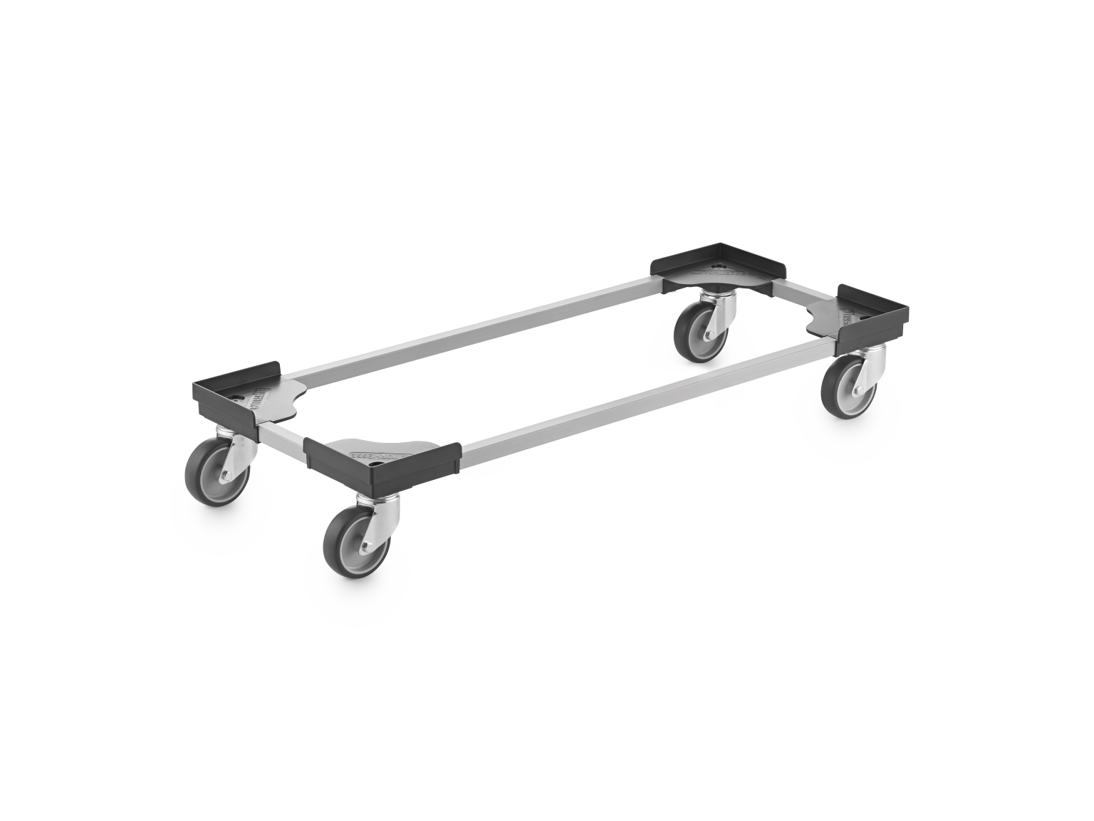Transport trolley featuring a rectangular frame with four swivel castors. The design is metallic, showcasing a streamlined structure ideal for moving materials in industrial settings.