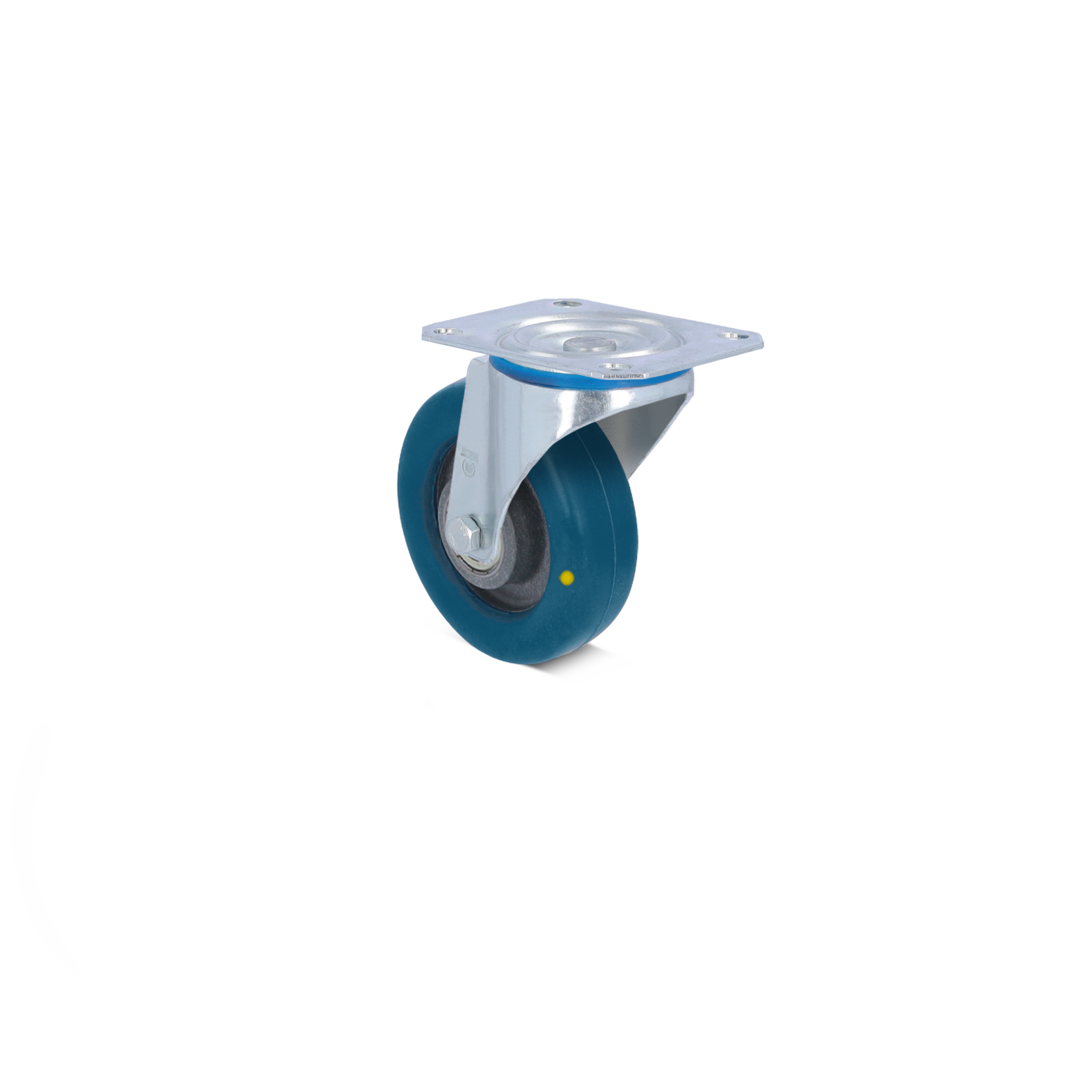 Een blauwe industrielle wieltje met een metalen bevestigingsplaat. Het wieltje is uitgerust met een rubberen band voor soepele verplaatsing en bevindt zich op een neutrale achtergrond.
