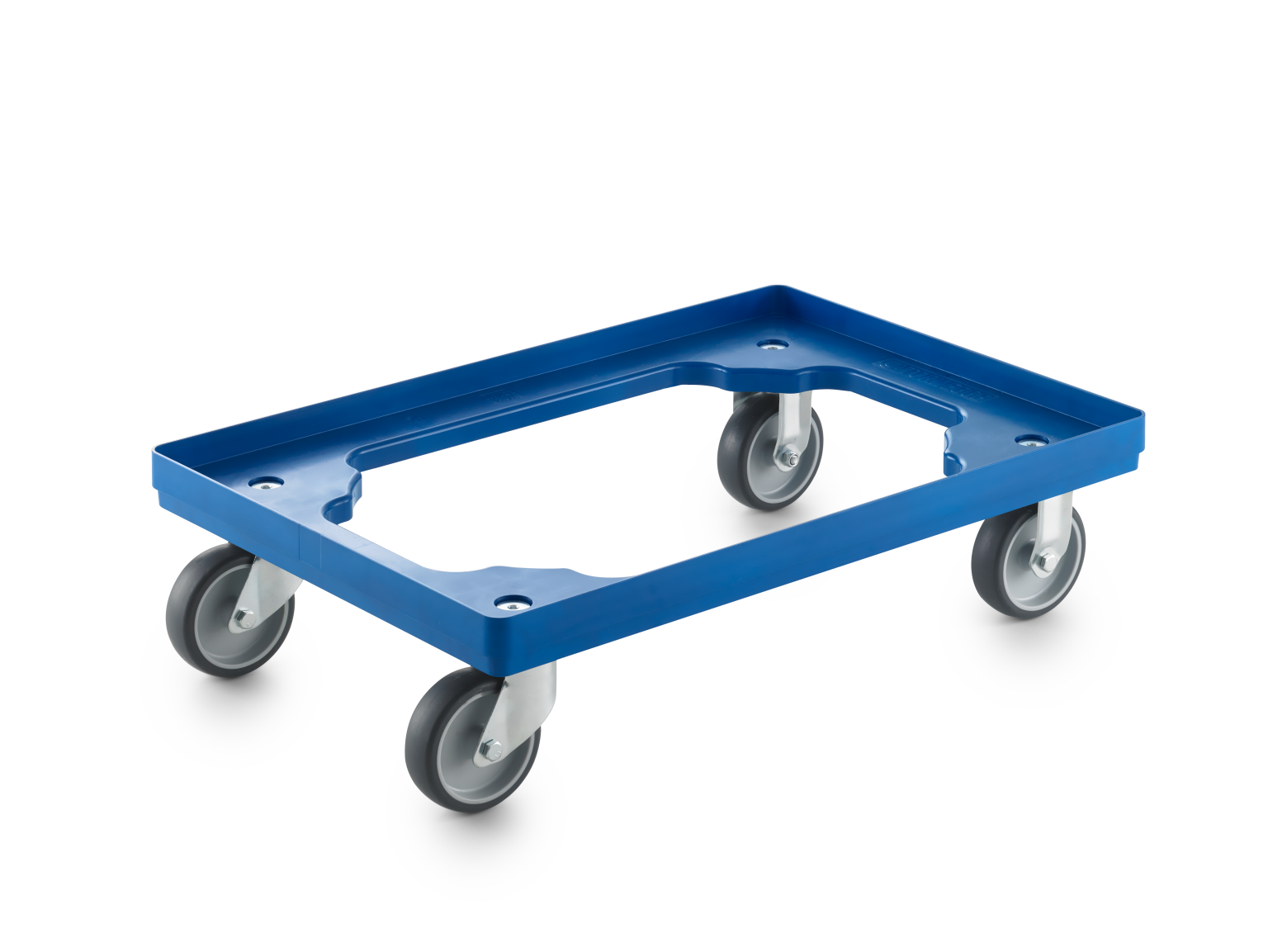 A blue transport trolley features a rectangular plastic base with four swivel wheels. The design allows for easy movement, suitable for handling various materials in an industrial setting.