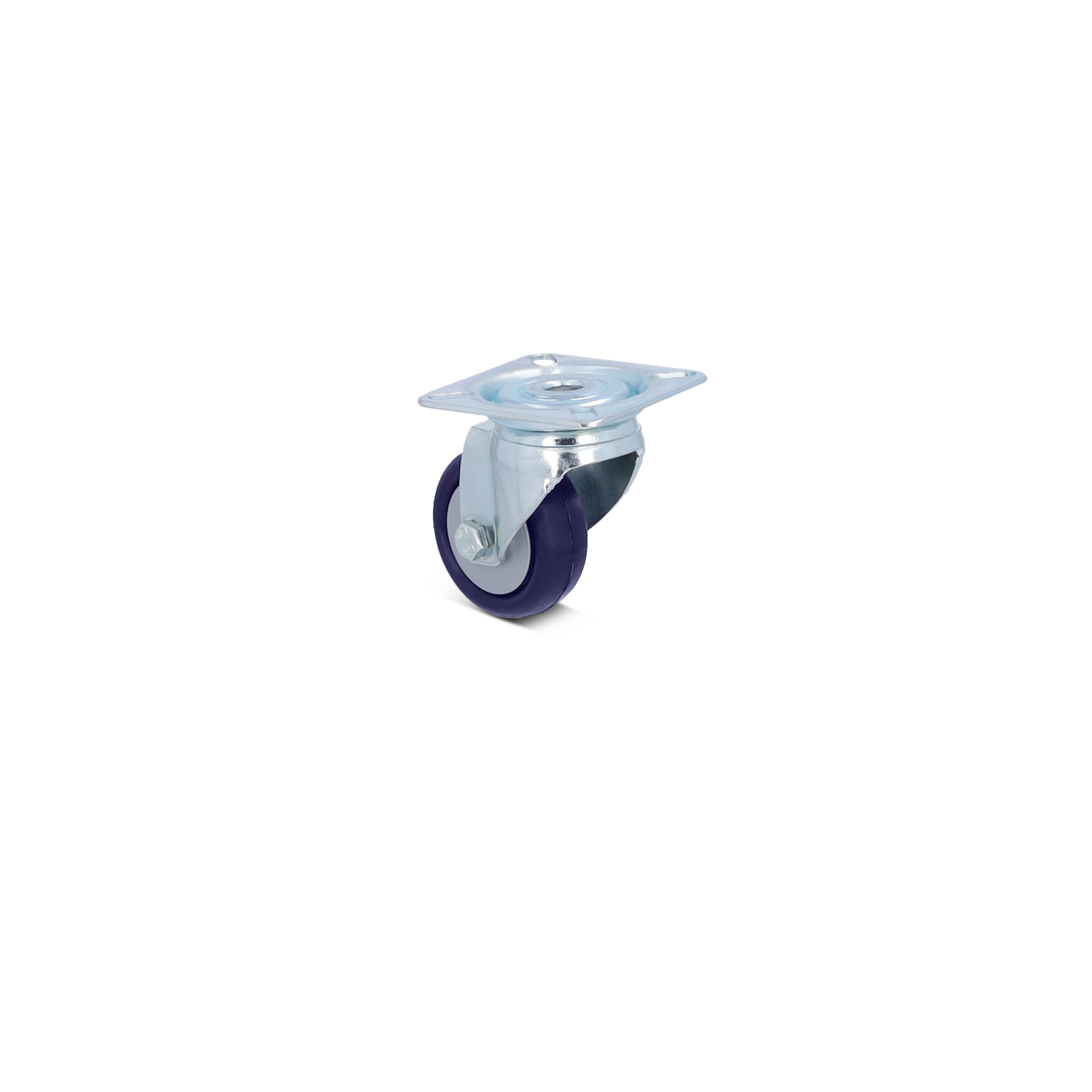 A swivel castor features a transparent wheel encased in a dark outer layer, mounted on a square metal plate with a central mounting hole. The background is solid color.