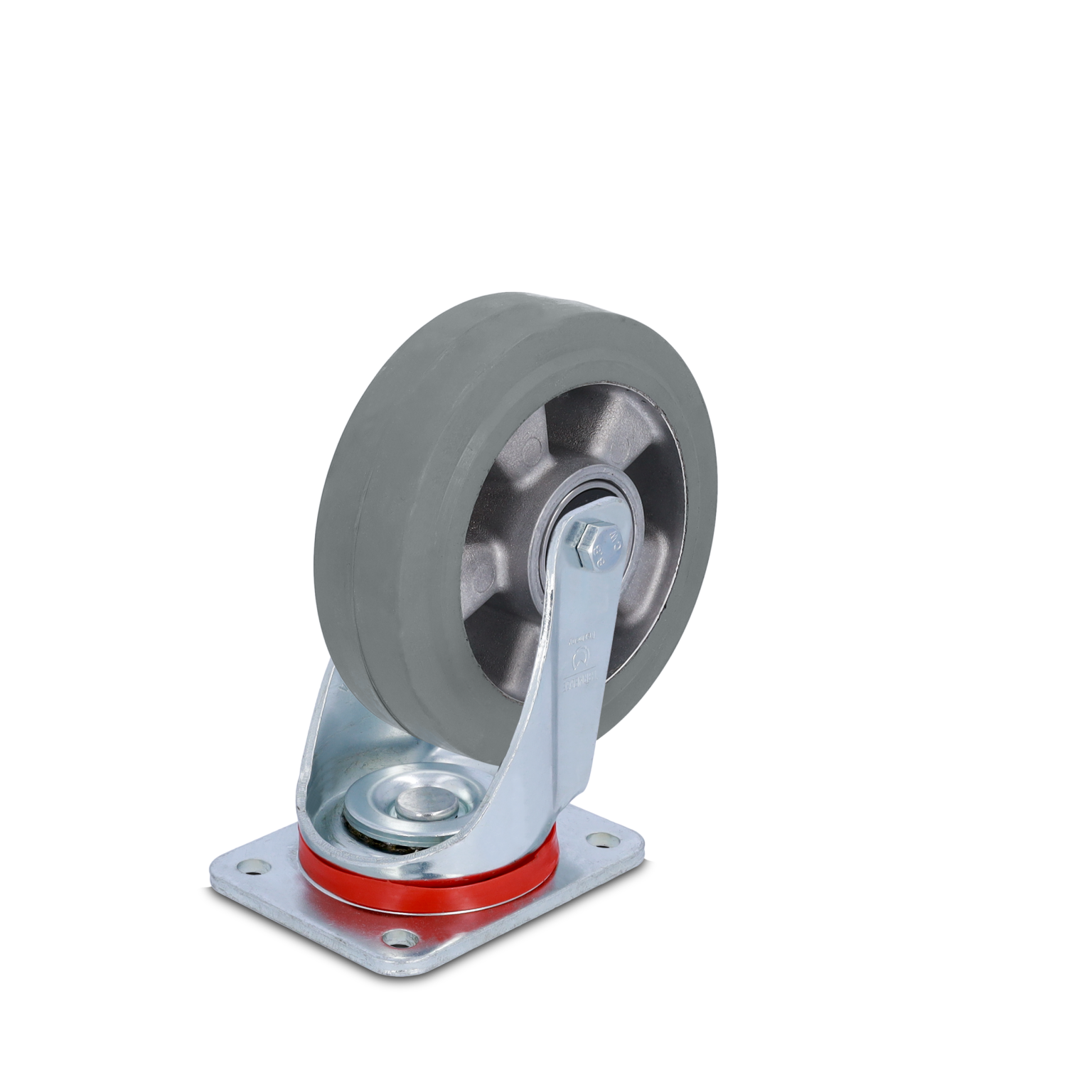 Industrie-Rad mit grauem Gummi und metallischer Halterung. Das Rad hat eine zentrale Achse und ist an einer flachen Montageplatte befestigt. Der Hintergrund ist einfarbig schwarz.