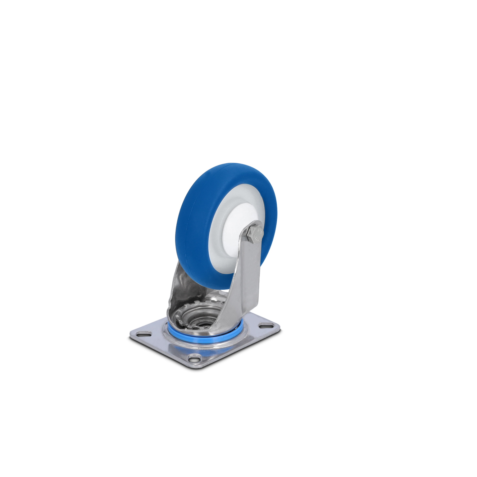 A blue rubber wheel mounted on a shiny metal swivel caster. The caster features a circular base with four mounting holes and a visible bearing mechanism, designed for mobility in industrial settings.
