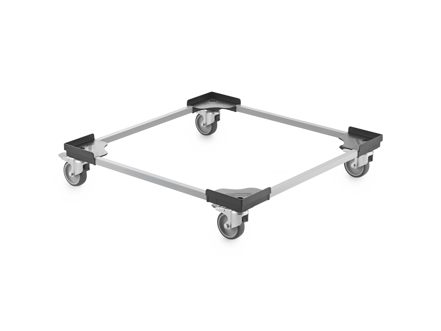 A square transport trolley frame features four corner mounts and four swivel wheels, designed for mobility. It-s built with a sturdy construction and a minimalistic design, suitable for material handling.