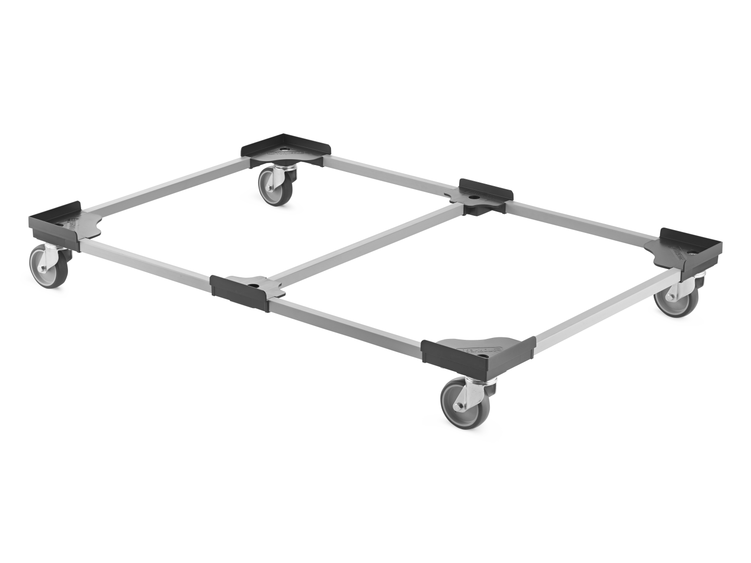 A rectangular transport trolley frame is displayed with four wheels attached at each corner. It features sturdy crossbars and plastic corner pieces for stability, set against a blank background.