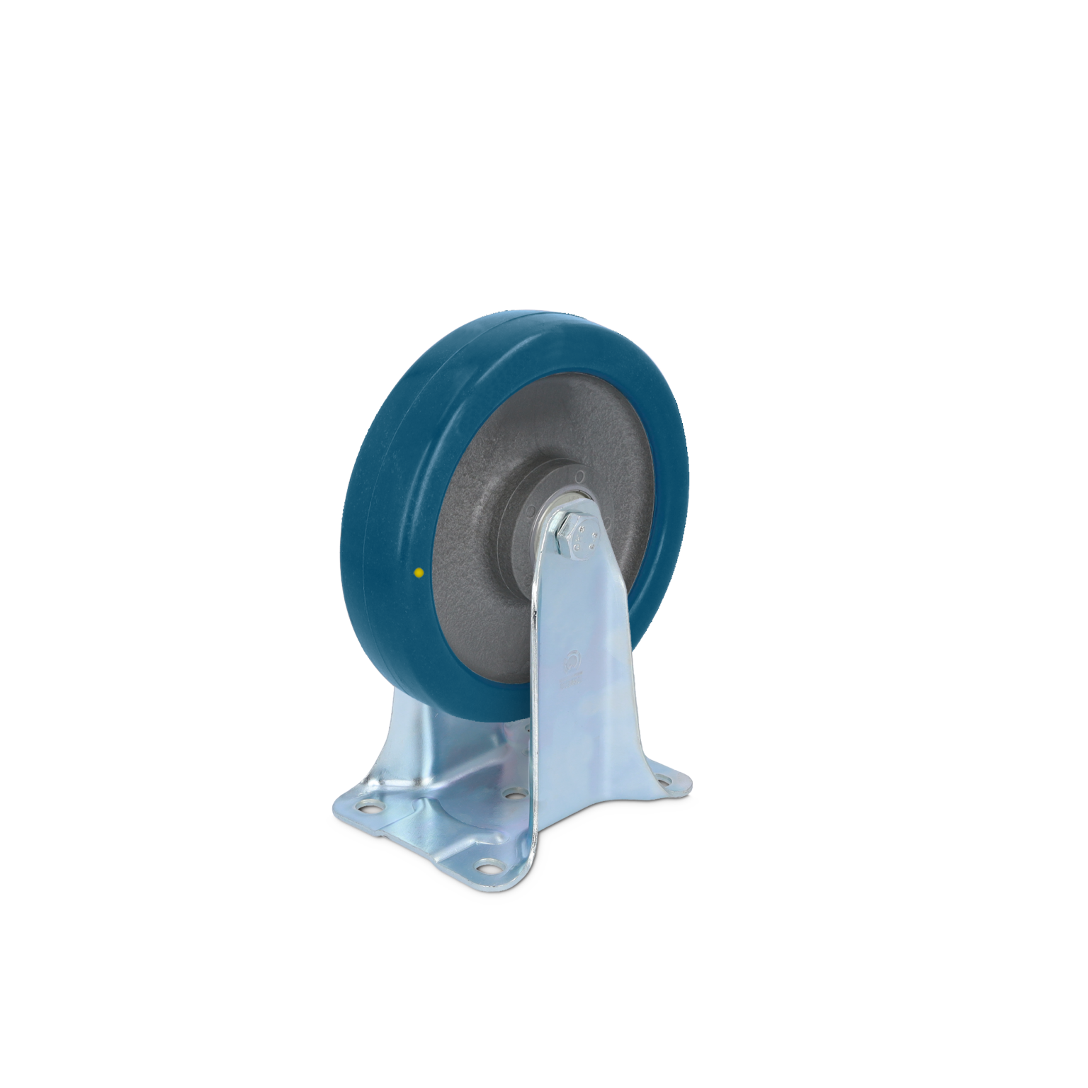 Zwenkwiel met een blauwe rubberen band en een metalen bevestigingsplaat. Het wiel is zichtbaar aan de rechterkant met schroefgaten voor montage. Achtergrond is neutraal.