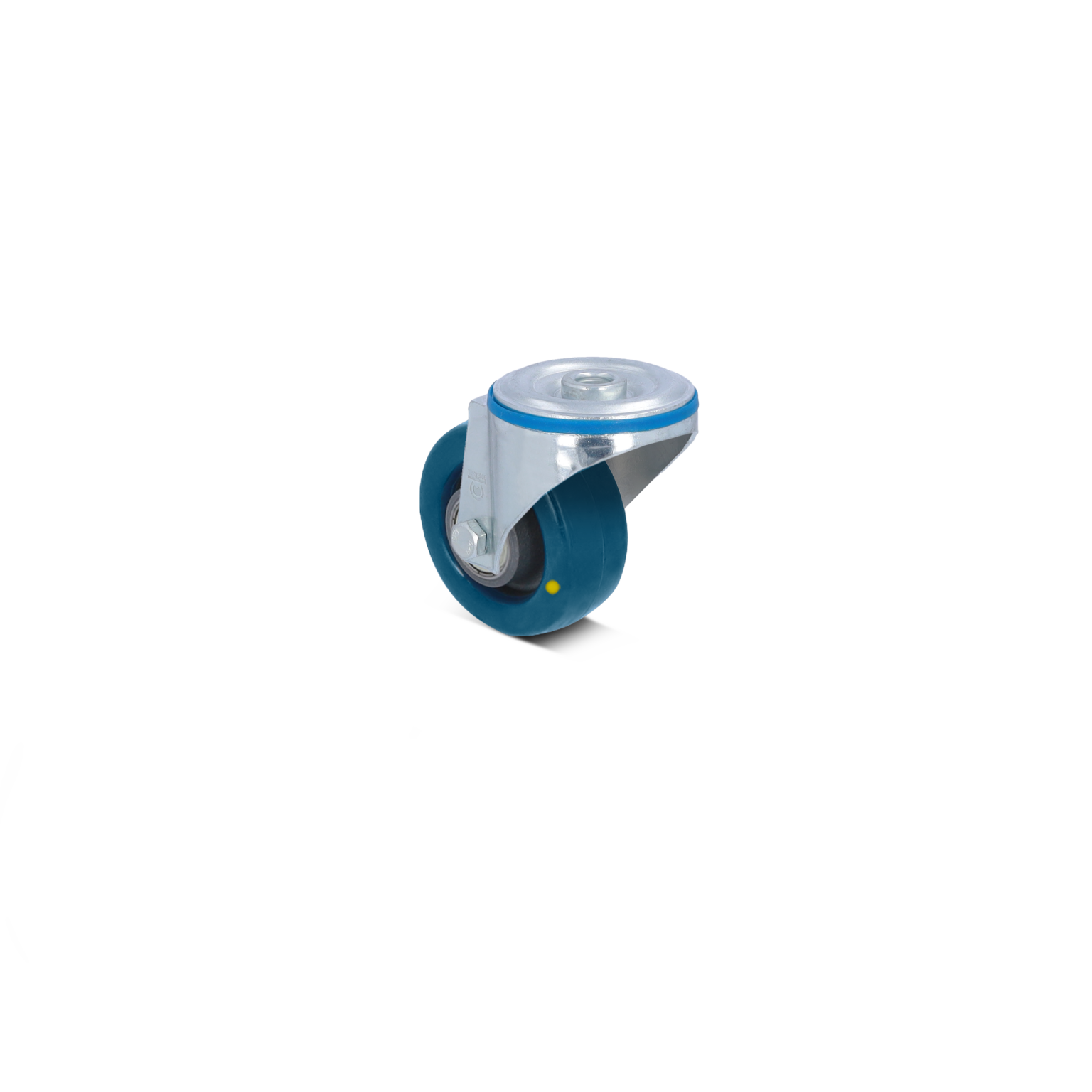 Zwenkwiel met een blauwe rubberen band en een zilveren metalen bevestiging. Het wiel is ontworpen voor gebruik in intralogistiek en is geplaatst op een effen achtergrond.