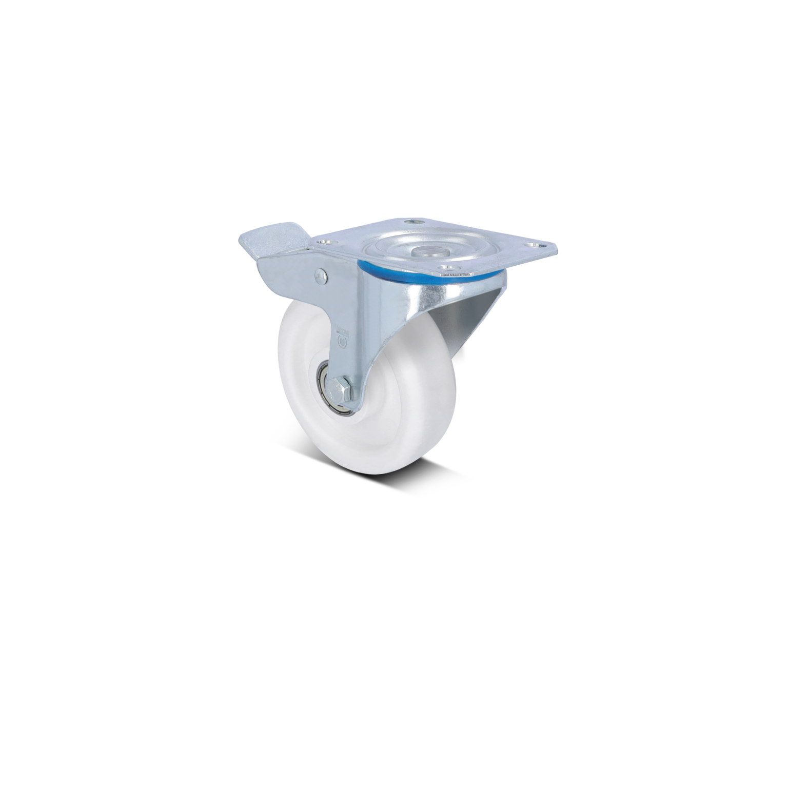 A swivel castor features a white wheel mounted on a metallic plate with a blue accent. It is designed for mobility in industrial settings, with a sturdy construction for durability.