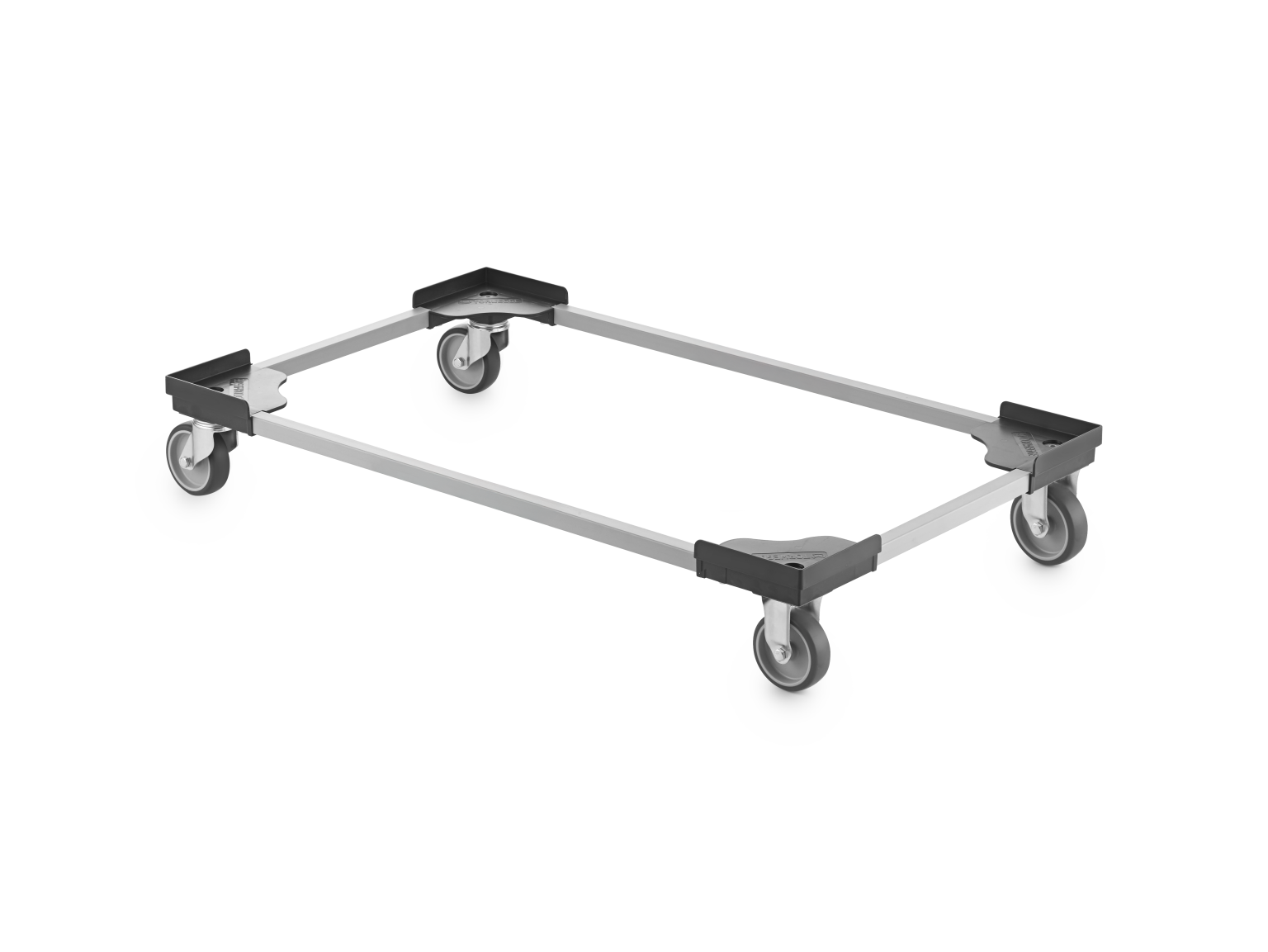 A rectangular transport trolley with four swivel castors. The frame is made of metal, featuring a sturdy design for carrying loads. The background is plain and neutral.