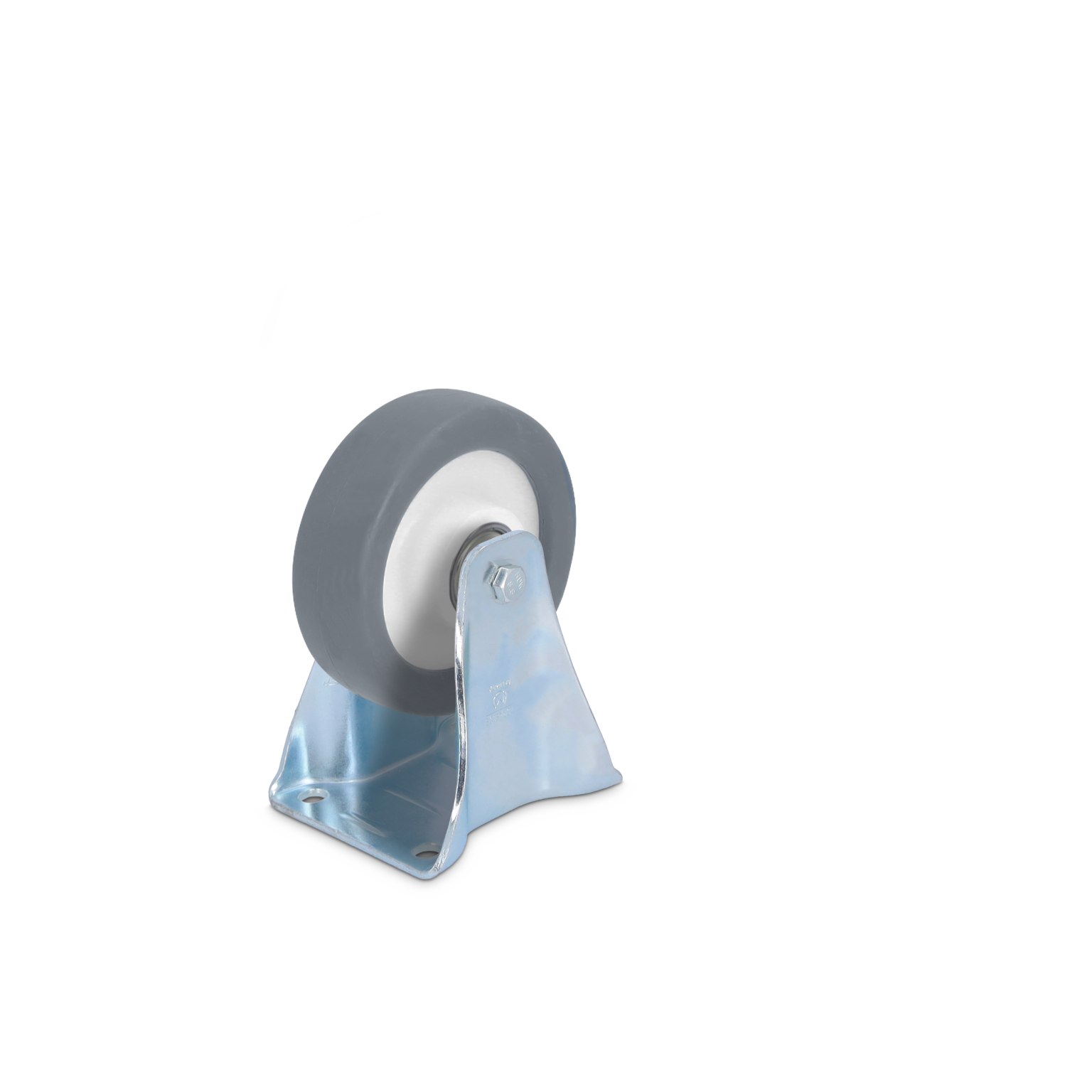 A grey soft rubber wheel is mounted on a shiny metal plate with four holes for attachment. The assembly is oriented upright against a plain background.