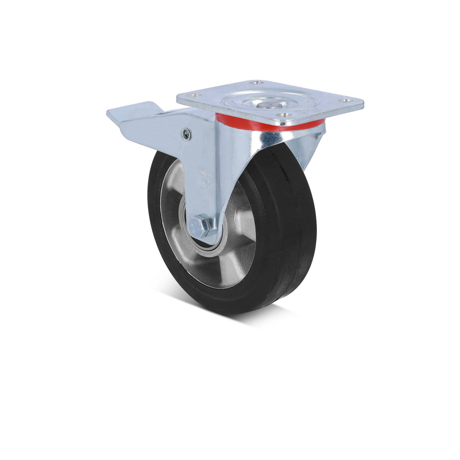 Zwenkwiel met een metalen plaat en een rubberen band. Het wiel heeft een zilveren afwerking en is opgesteld tegen een zwarte achtergrond, geschikt voor industriale toepassingen.
