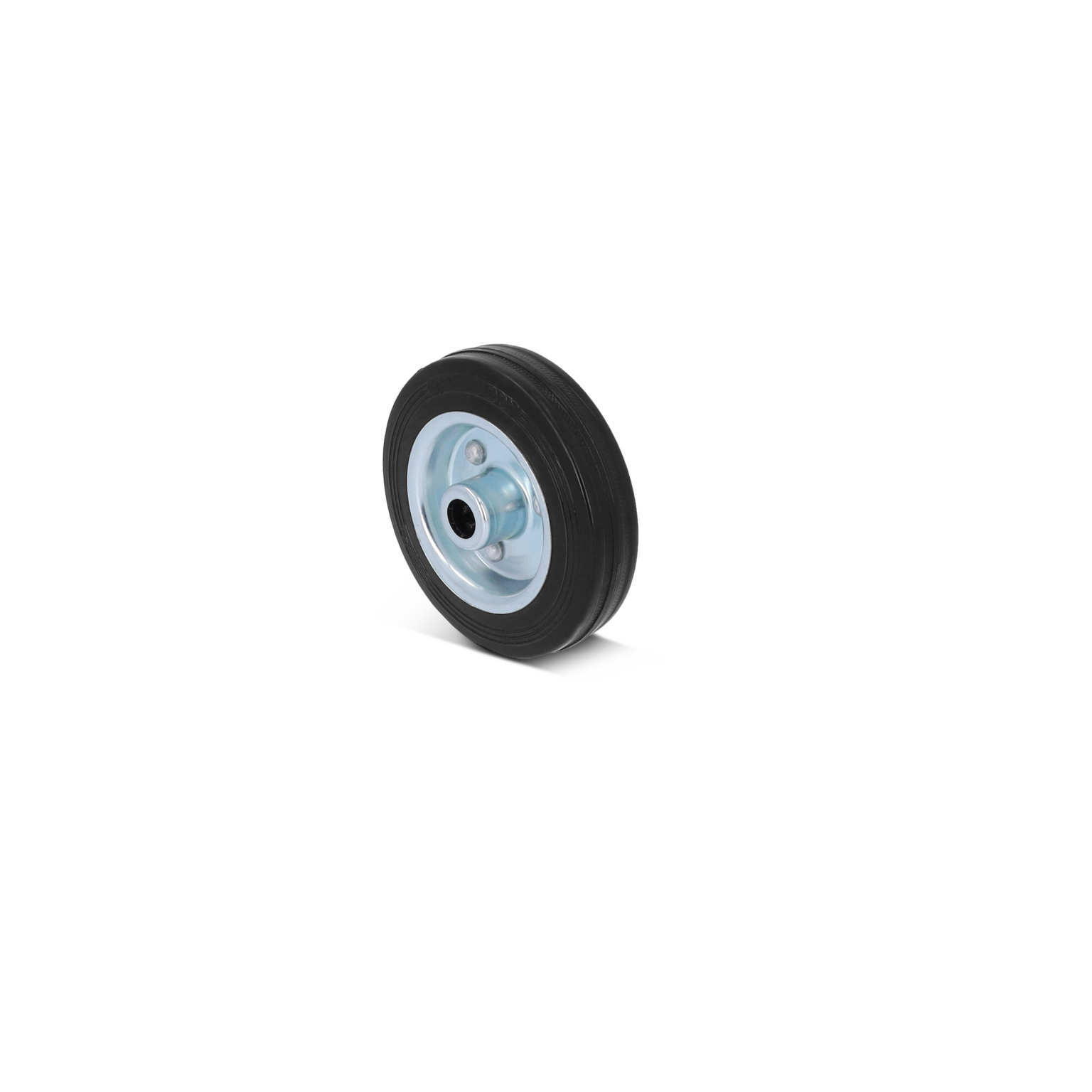Rubber wiel met een metalen centrale schijf en een open as. Het is schuin geplaatst en heeft een contextloze, neutrale achtergrond. Het wiel is bedoeld voor gebruik in transporttoepassingen.